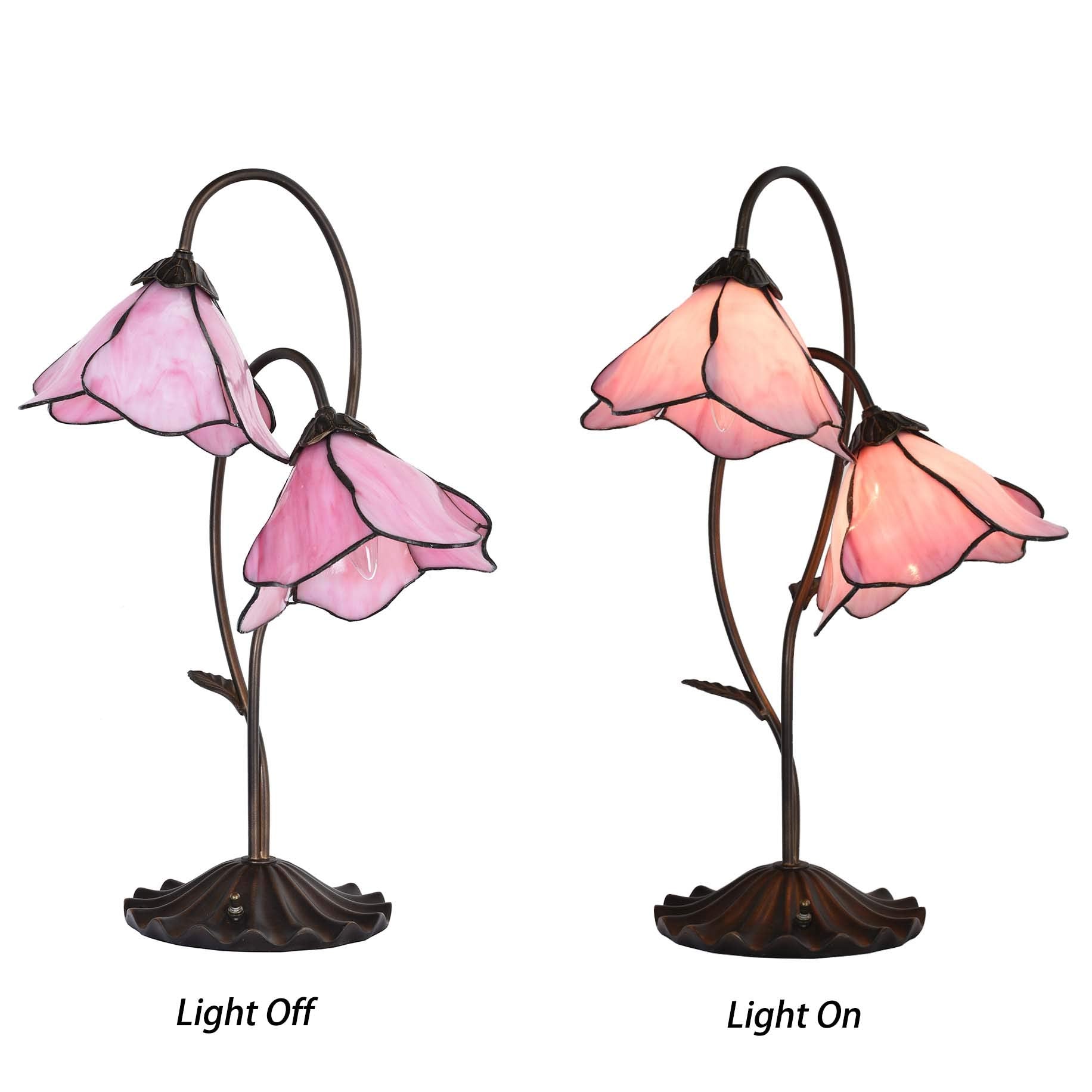 Bieye Tiffany Style Stained Glass Table Lamp, 2-Light, 8-inch Wide, Pink, Model L10811, Lily Pad Base
