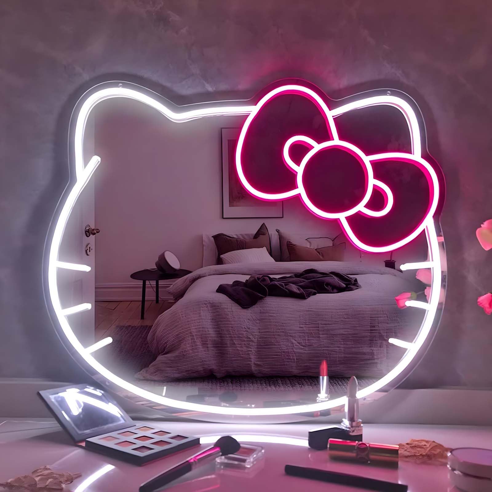 UIWEBABA Hello Kitty Vanity Mirror with 10-Level Dimmable LED, 18.5inx15.1in, Pink+White, Model 20241206, Acrylic