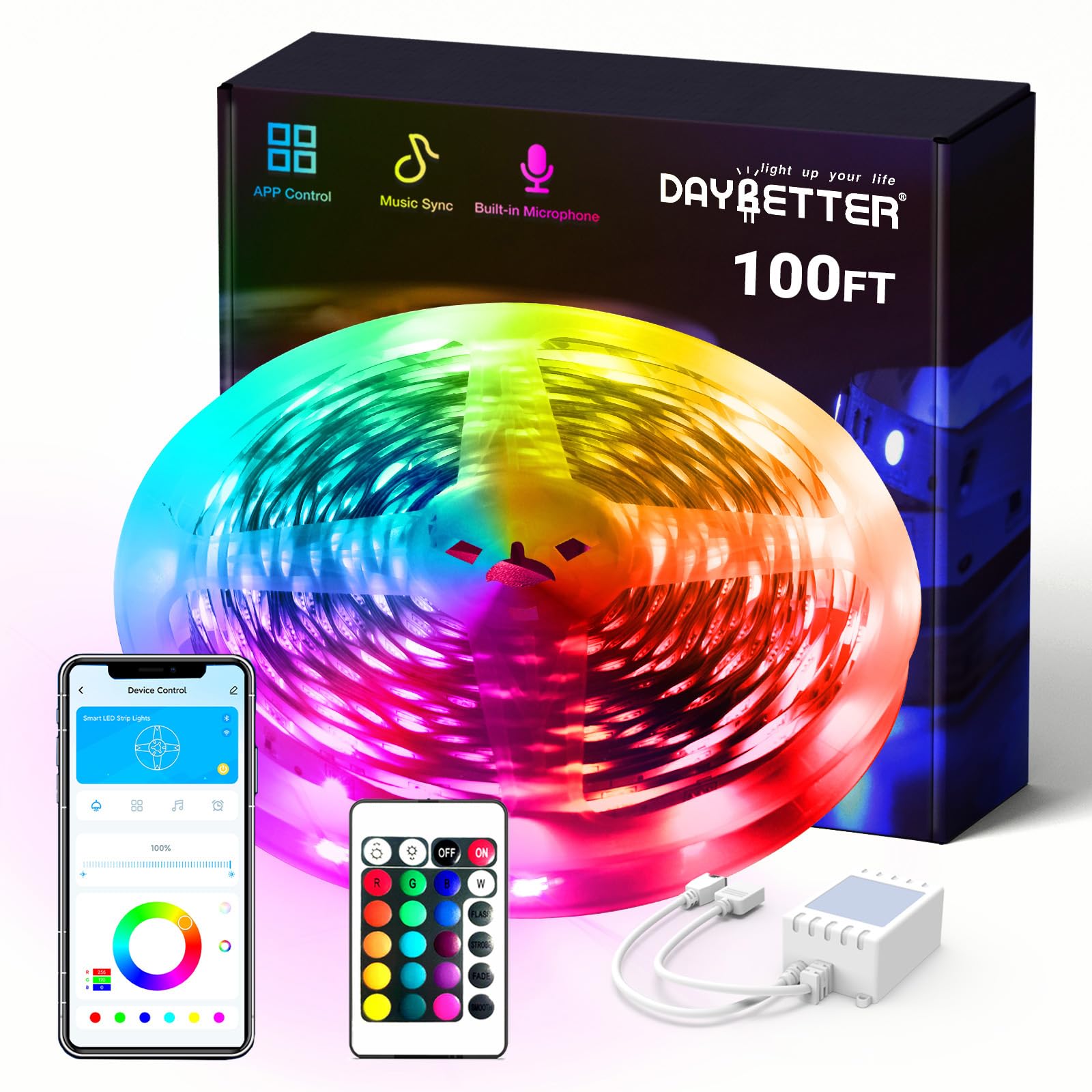 DAYBETTER Smart RGB Led Strip Lights, 100ft Led Lights for Bedroom with App Control, Multicolor Changing Led Light Strips Apply 