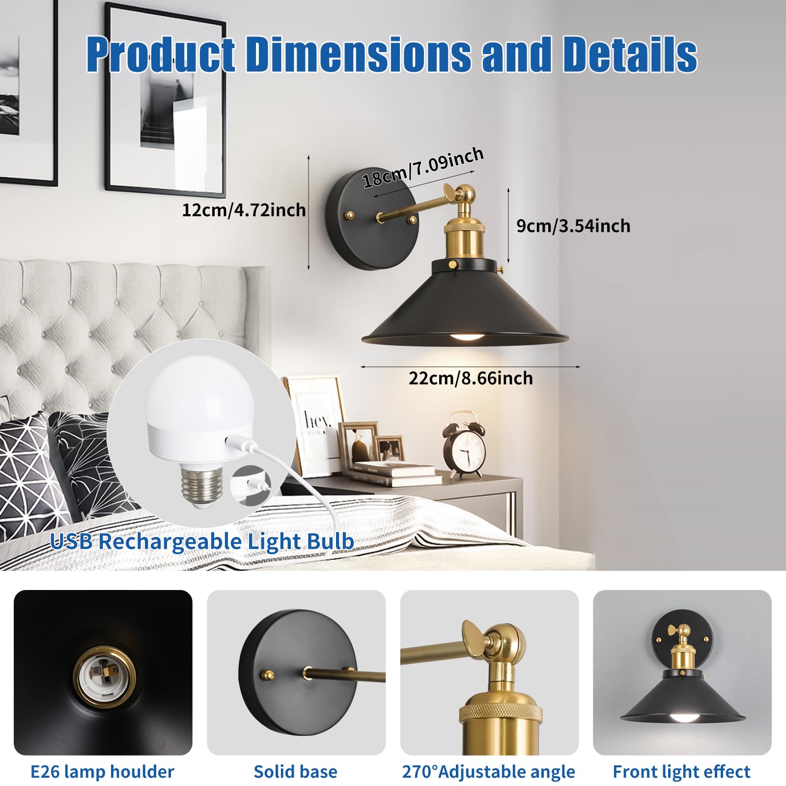 Bailoch Black & Gold Vintage Rechargeable Battery Operated Wall Sconces, Cordless Battery Powered Led Wall Lights Set Of 2, Wall