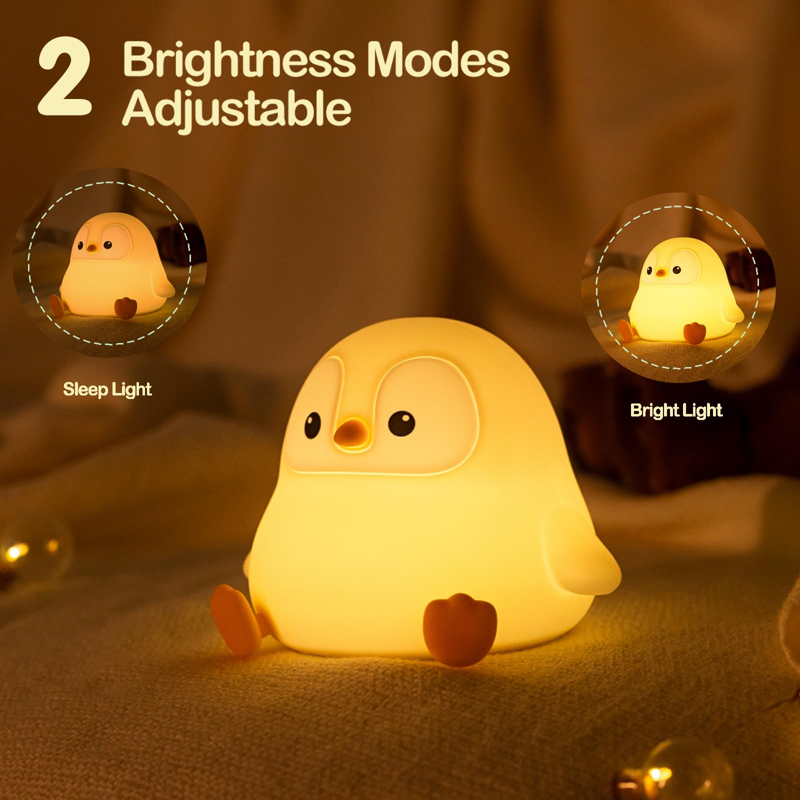 ATSUI Penguin Night Light, LED Dimmable Desk Lamp, Small, Gray, Model DS-PG-02, Silicone, Nursery Decor, Funny Gift for Kids