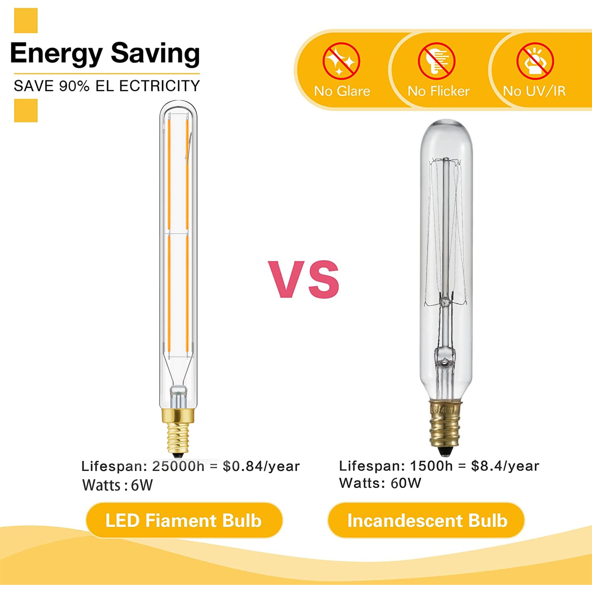 Leools E12 LED Tube Bulbs, 6W Dimmable Antique Glass Filament, Warm White 2700K, 750LM, Pack of 6, 7.3in