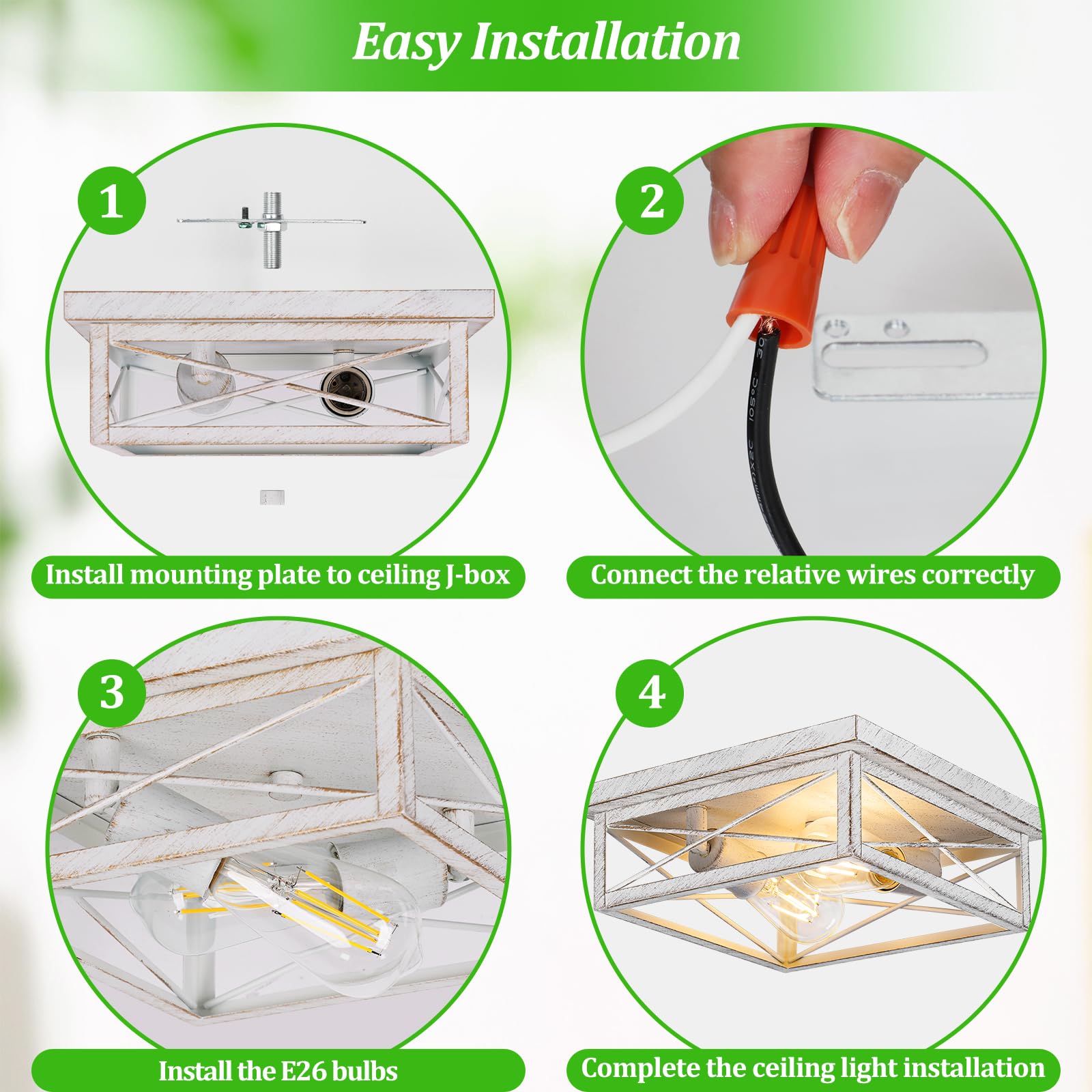 Kondras 2-Light Antique White Flush Mount Ceiling Light Fixture, Metal, 1-Pack, Model X11016P-WH