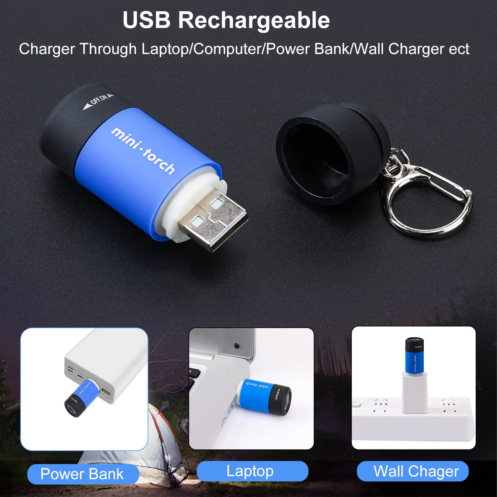 Cussity Mini Flashlight Keychain 7 Pack, Rechargeable LED Torches, Waterproof, Colorful, Model 7XCUSB12