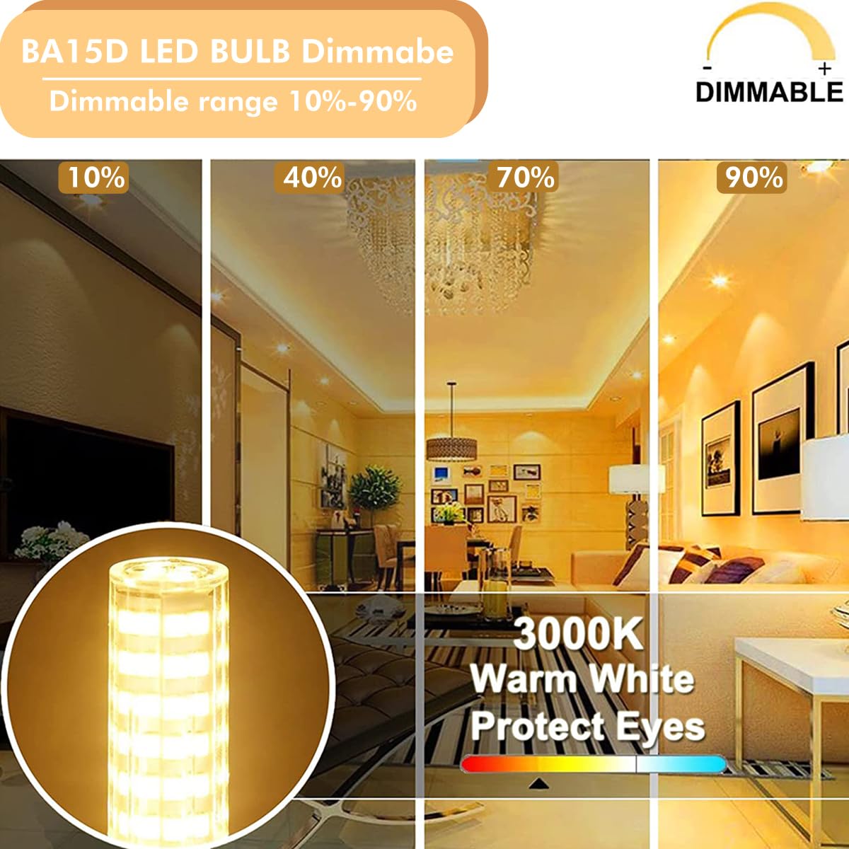 ZSSXOLED BA15D LED Bulb - 6W Dimmable Warm White 3000K, Double Contact Bayonet Base, Pack of 4