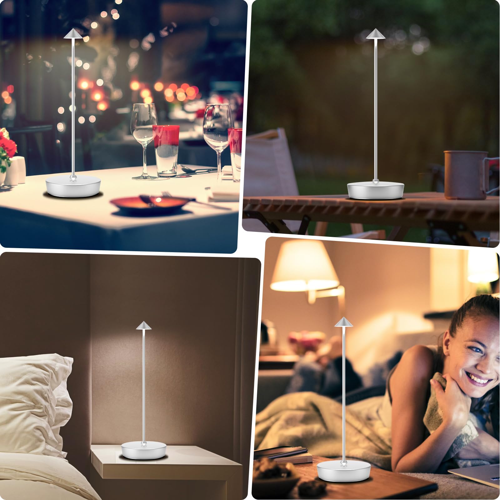 YIBEN Rechargeable Cordless Table Lamp, LED Battery 6000mAh, 3 Brightness Levels, 2-Pack, Silver, Model X12