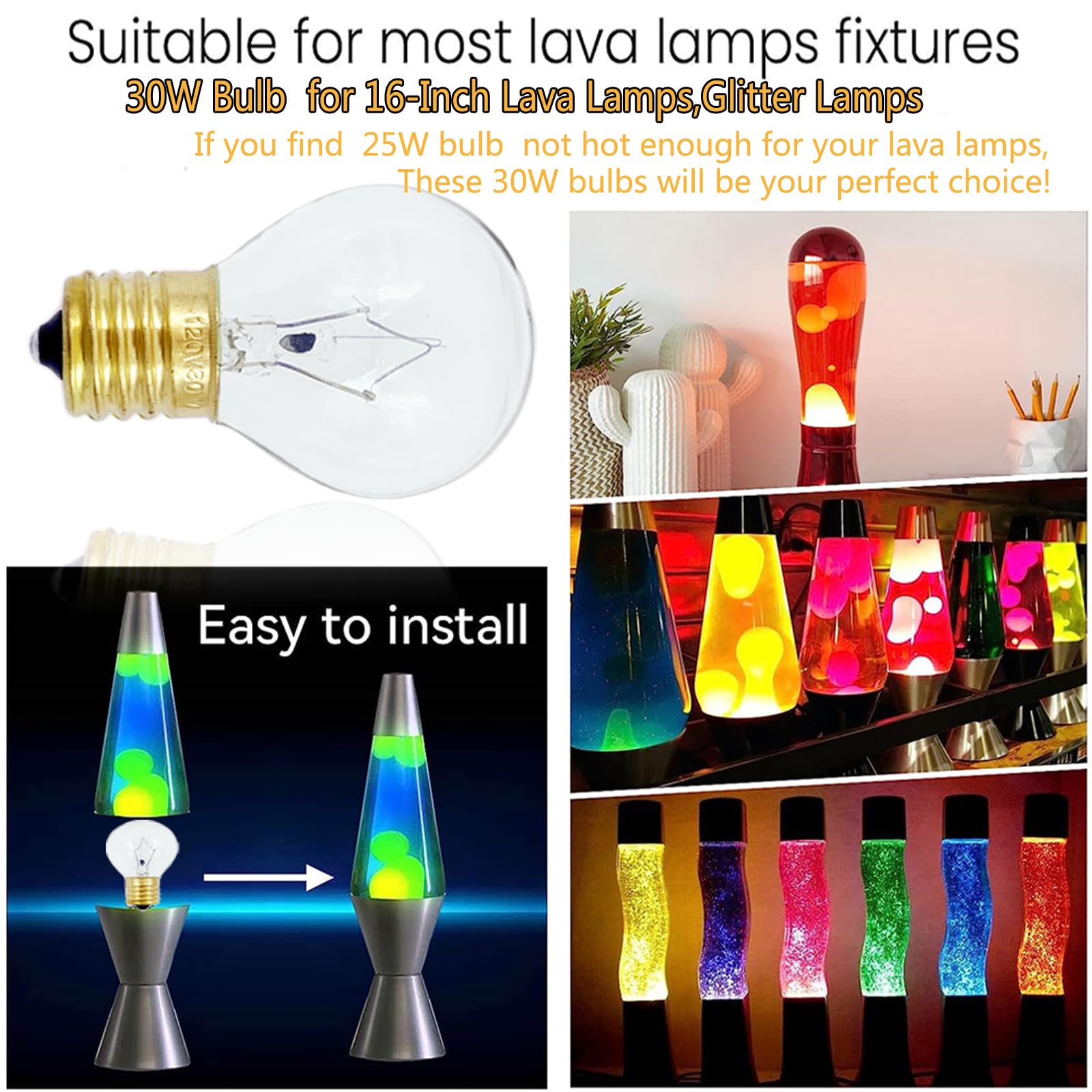 Lava Original 30W Replacement Bulbs For 16-Inch Lamps, Glitter Lamps, Dimmable, Warm White, 6 Pack