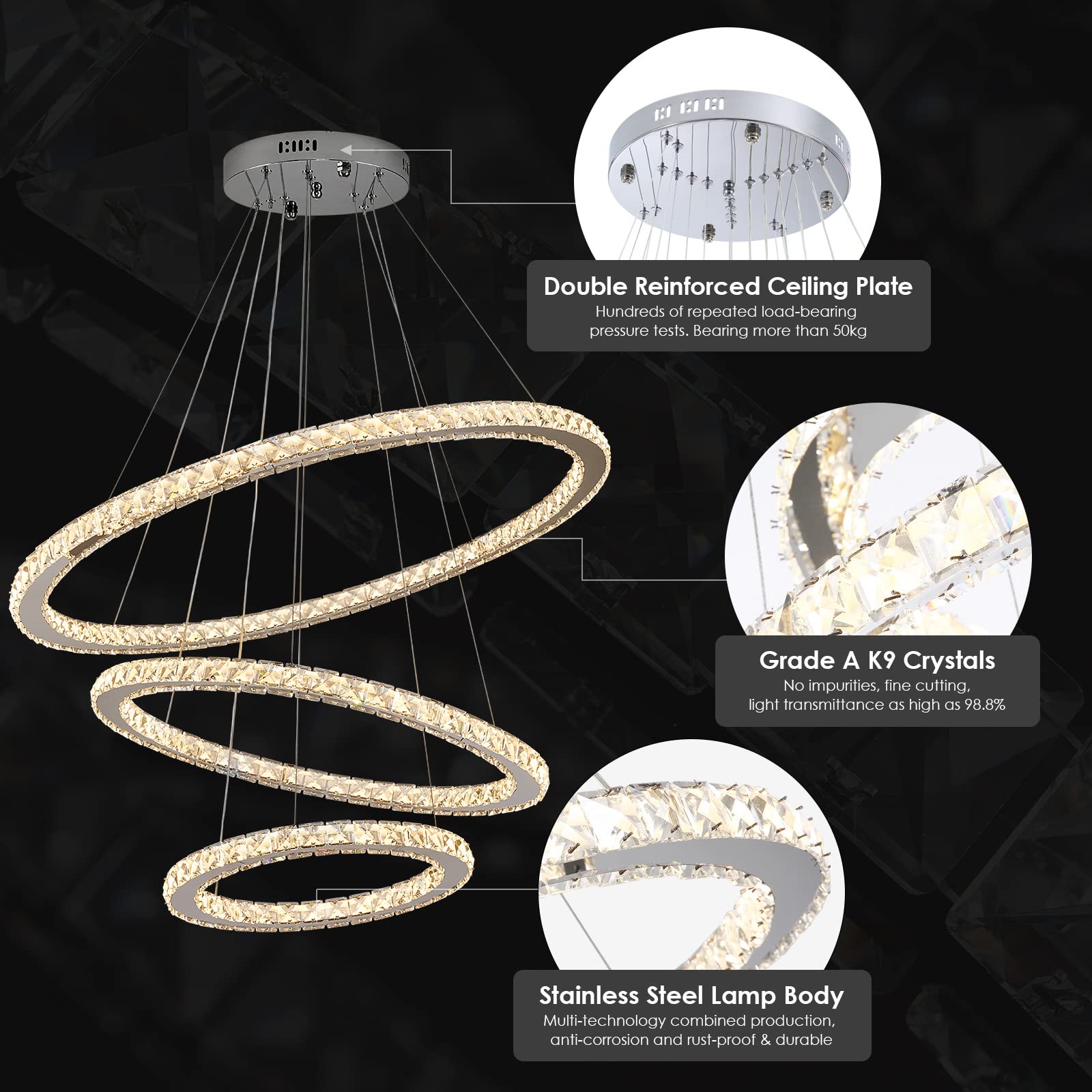 Siljoy LED Chandelier - Modern 3-Ring Ceiling Light Fixture, Adjustable, 3-Color Changing, Clear, D 12in-20in-28in, Model Siljoy102