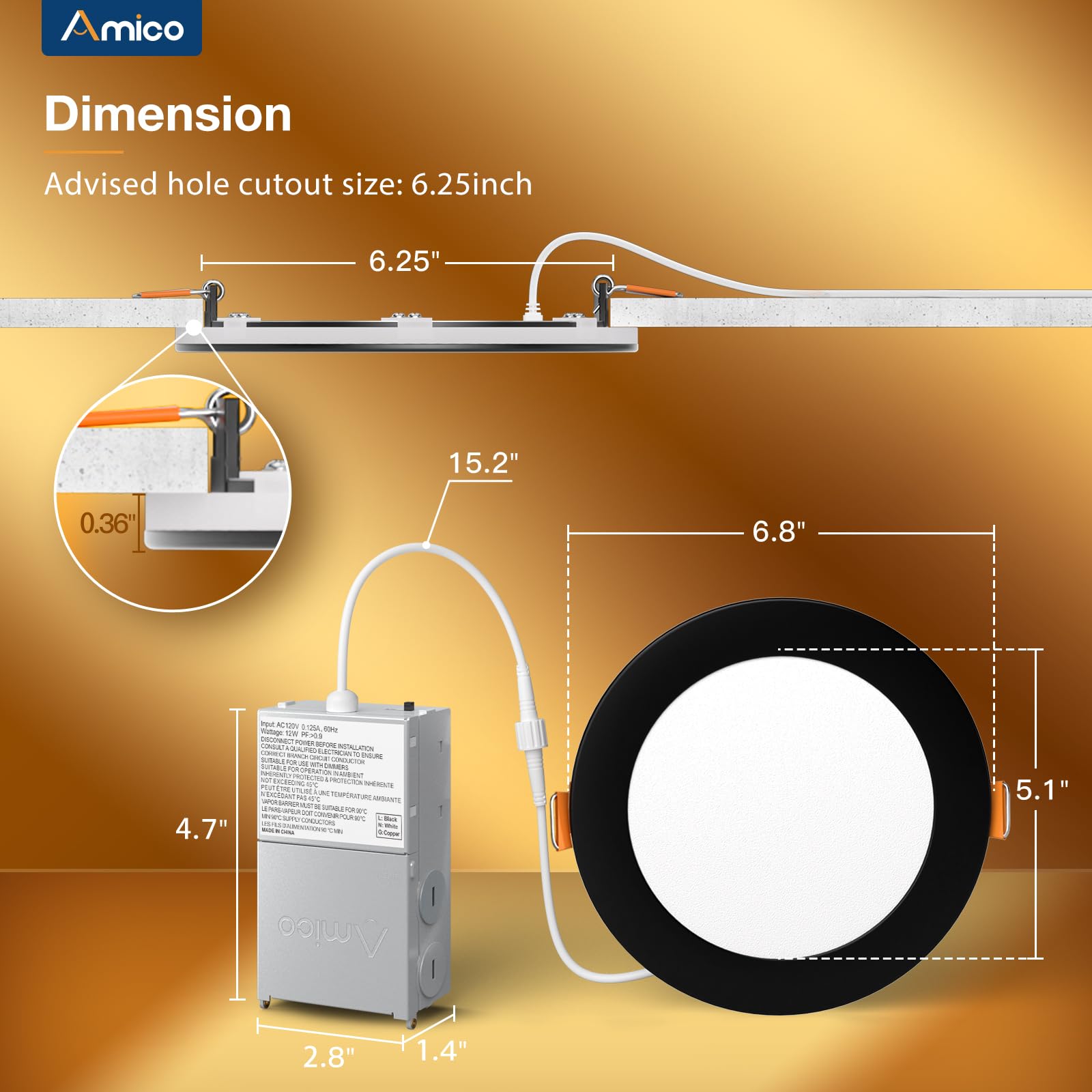 Amico 12 Pack Black 6 Inch 5Cct Led Recessed Ceiling Light With Night Light, 2700K/3000K/3500K/4000K/5000K Selectable Ultra-Thin