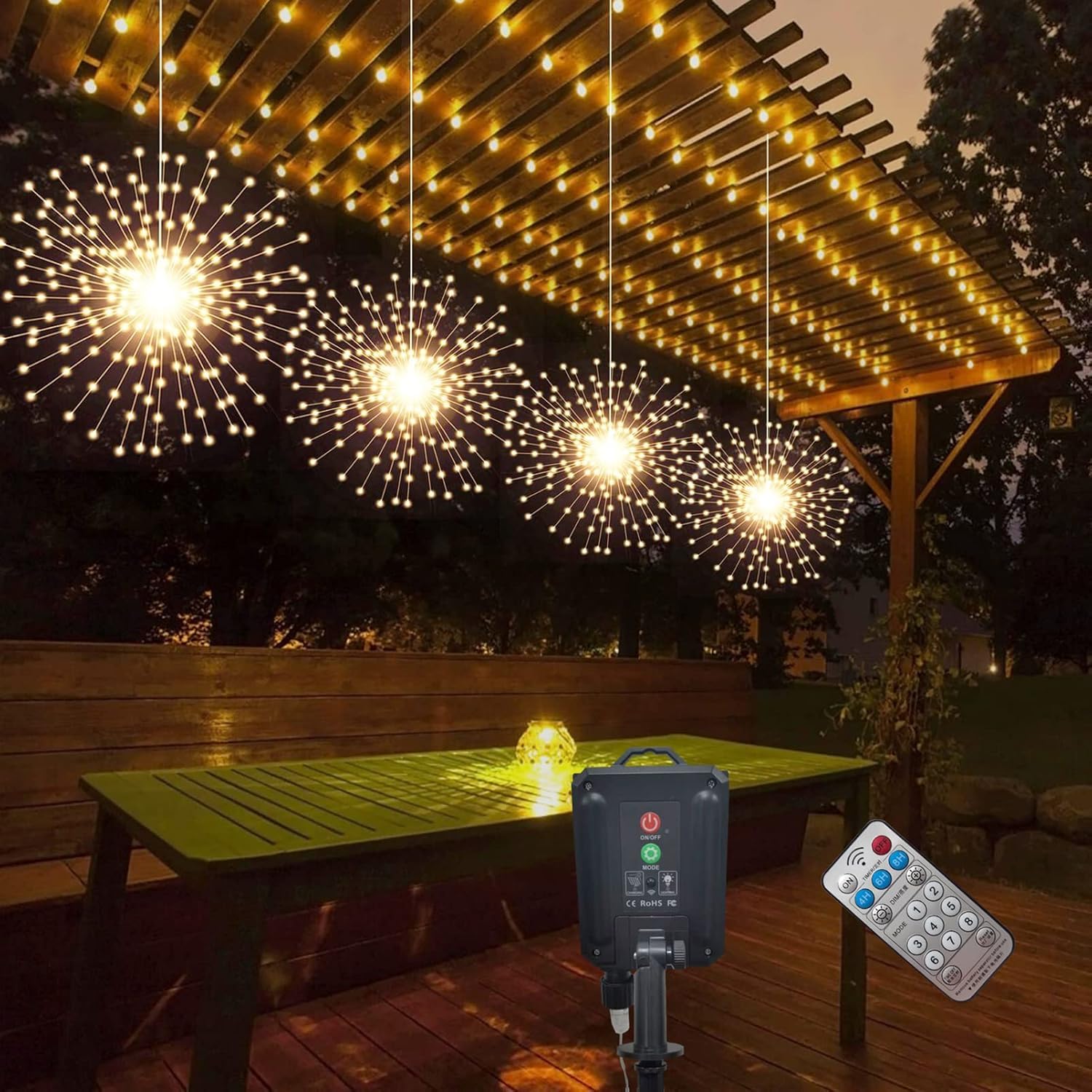 PXBNIUYA 800 LED Solar Starburst Sphere Lights, Remote Control, 8 Modes, Waterproof, 4 Pack, Warm White