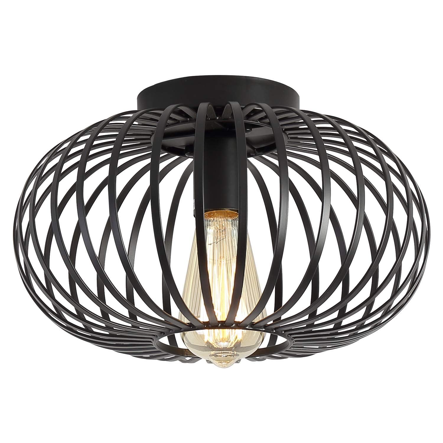 Modern Black Flush Mount Light Fixture Industrial Metal Cage Semi Flush Mount Ceiling Light For Hallway Living Room Kitchen Entryway Farmhouse