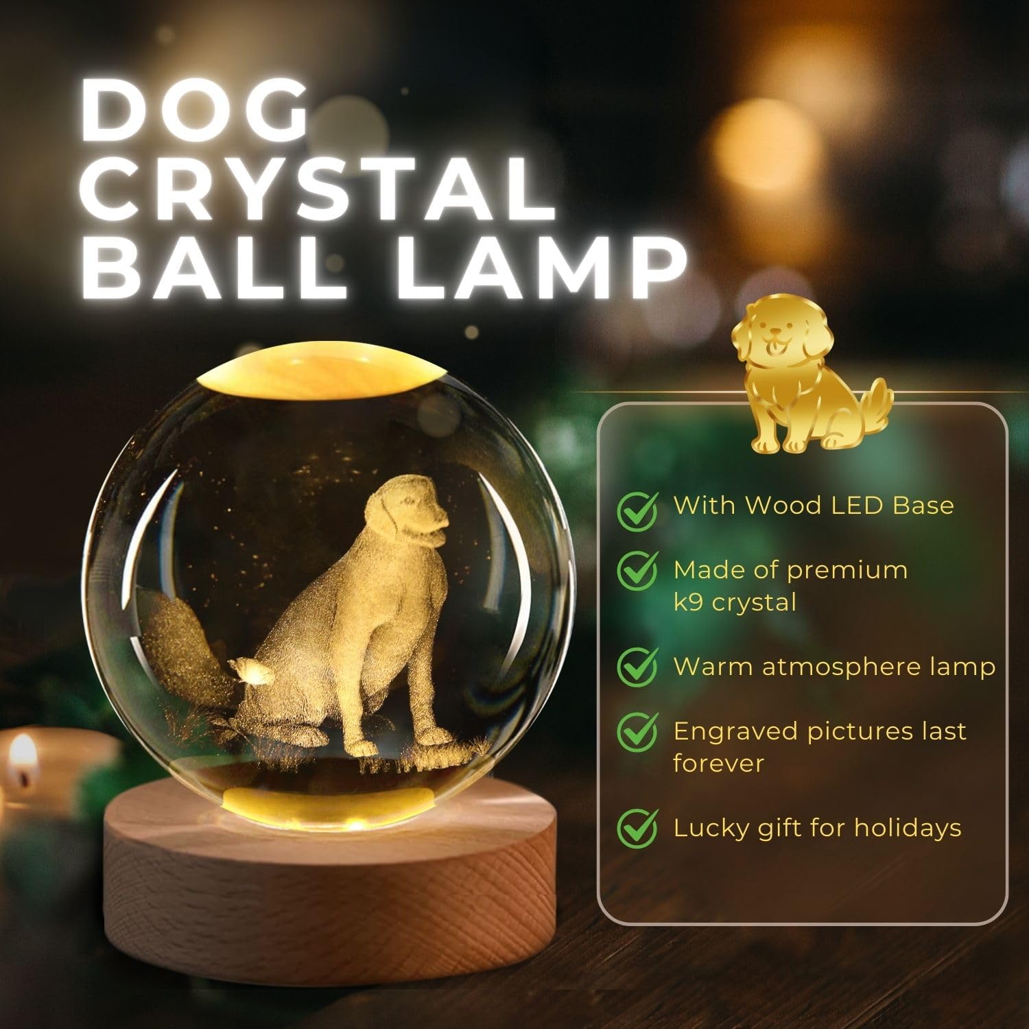 Flexzion 3D Dog Crystal Ball Night Light - Led Light Hologram Glass Lamp W/Solid Wood Base  Usb Powered Crystal Ball Lamp W/Adjustable Brightness For Home Decor Display Gift  3.15 Inch (80Mm)