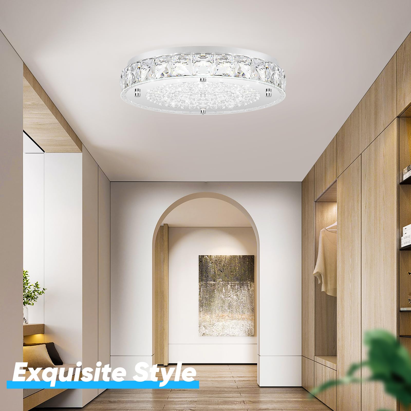 Crystal Flush Mount Ceiling Light  Led Chandeliers Light Fixture 19-Inch  5000K Daylight White Super Bright 5000Lm Dimmable Farmhouse Kitchen Lighting Modern Ceiling Lamp For Bedroom Bathroom Nursery