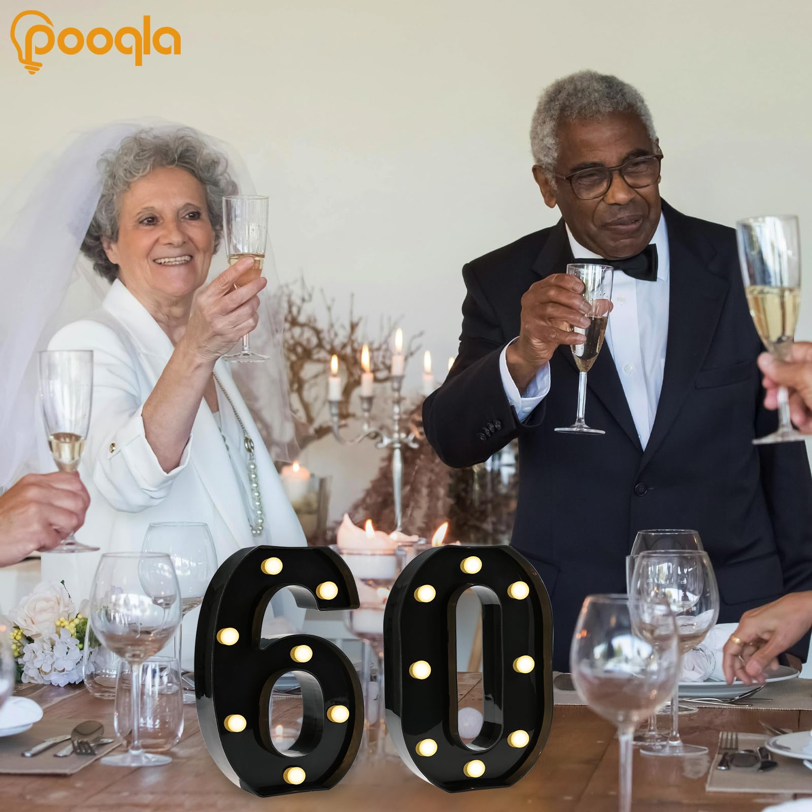 Pooqla Decorative Led Light Up Number Letters, Black Plastic Marquee Number Lights Sign For 60Th Birthday Party Wedding Decor Battery Operated Black Number 60, Ll-Blc-60