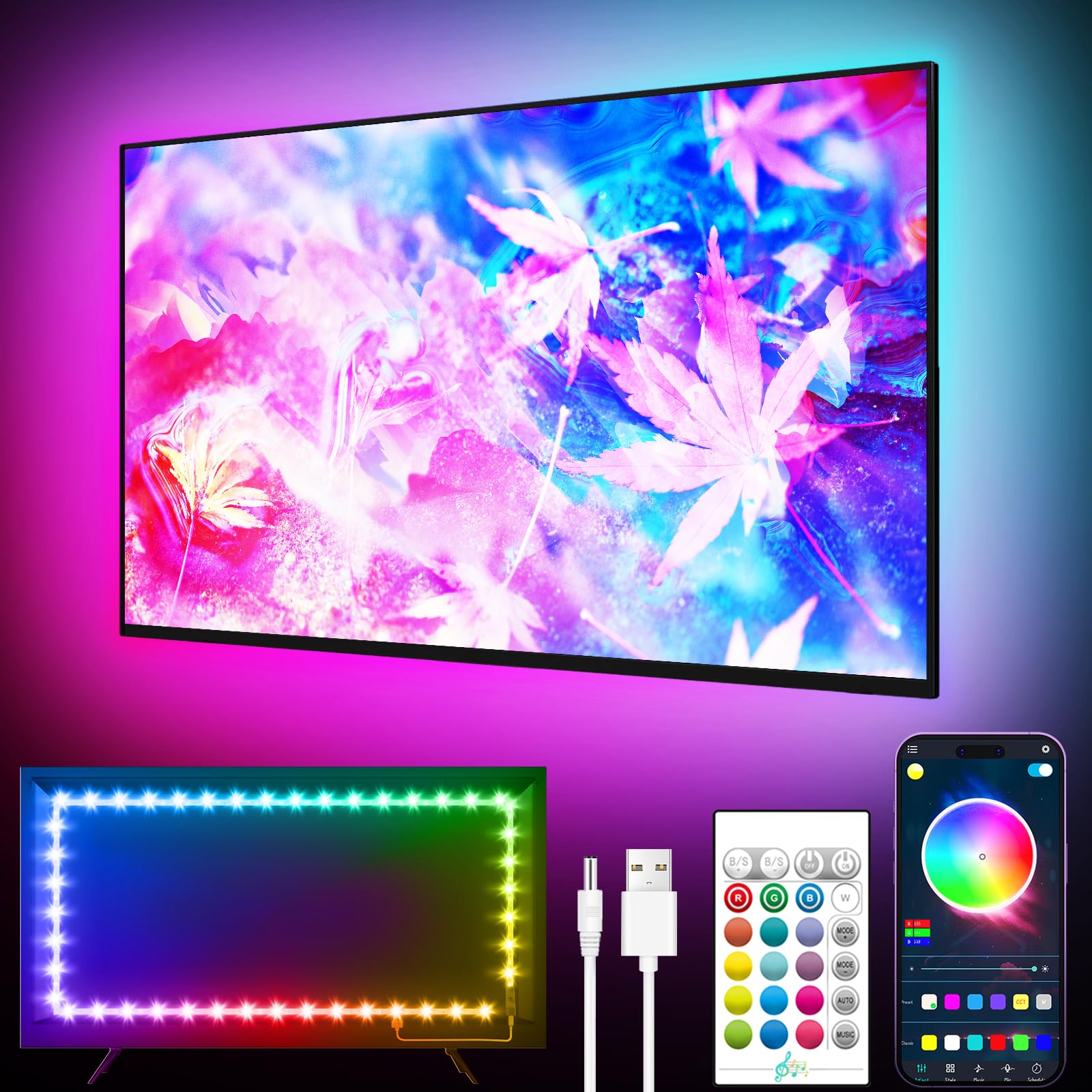 Gipoyent Music Sync Led Tv Backlights, 9.8Ft Rgb Light Strip For 32-50 Inch Tvs, Bluetooth Function, Plastic Material