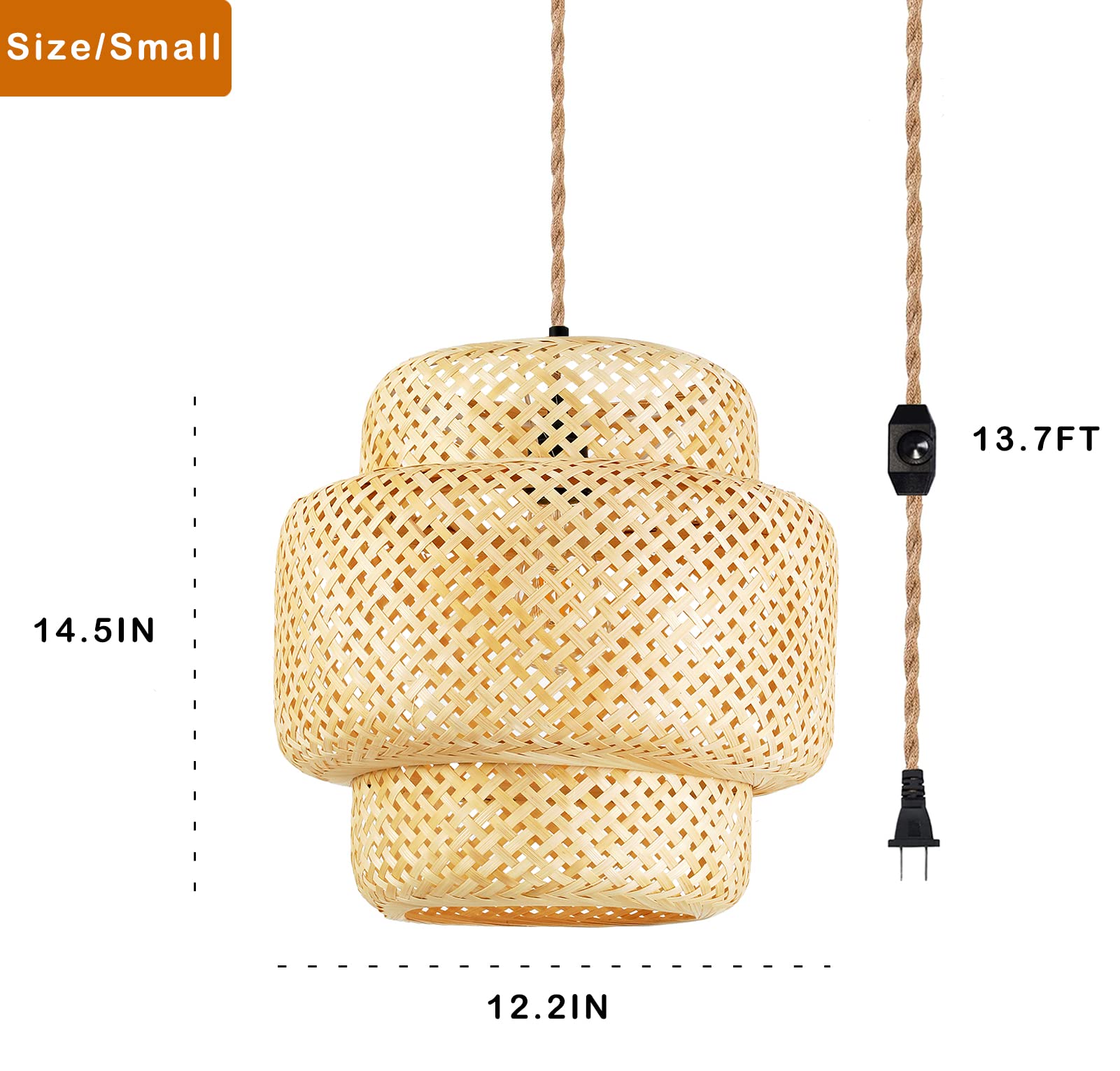 QIYIZM Plug in Pendant Light Bamboo Woven Shade Dimmable Hanging Lamp for Living Room Bedroom Kitchen, Size: Pendant Light-2