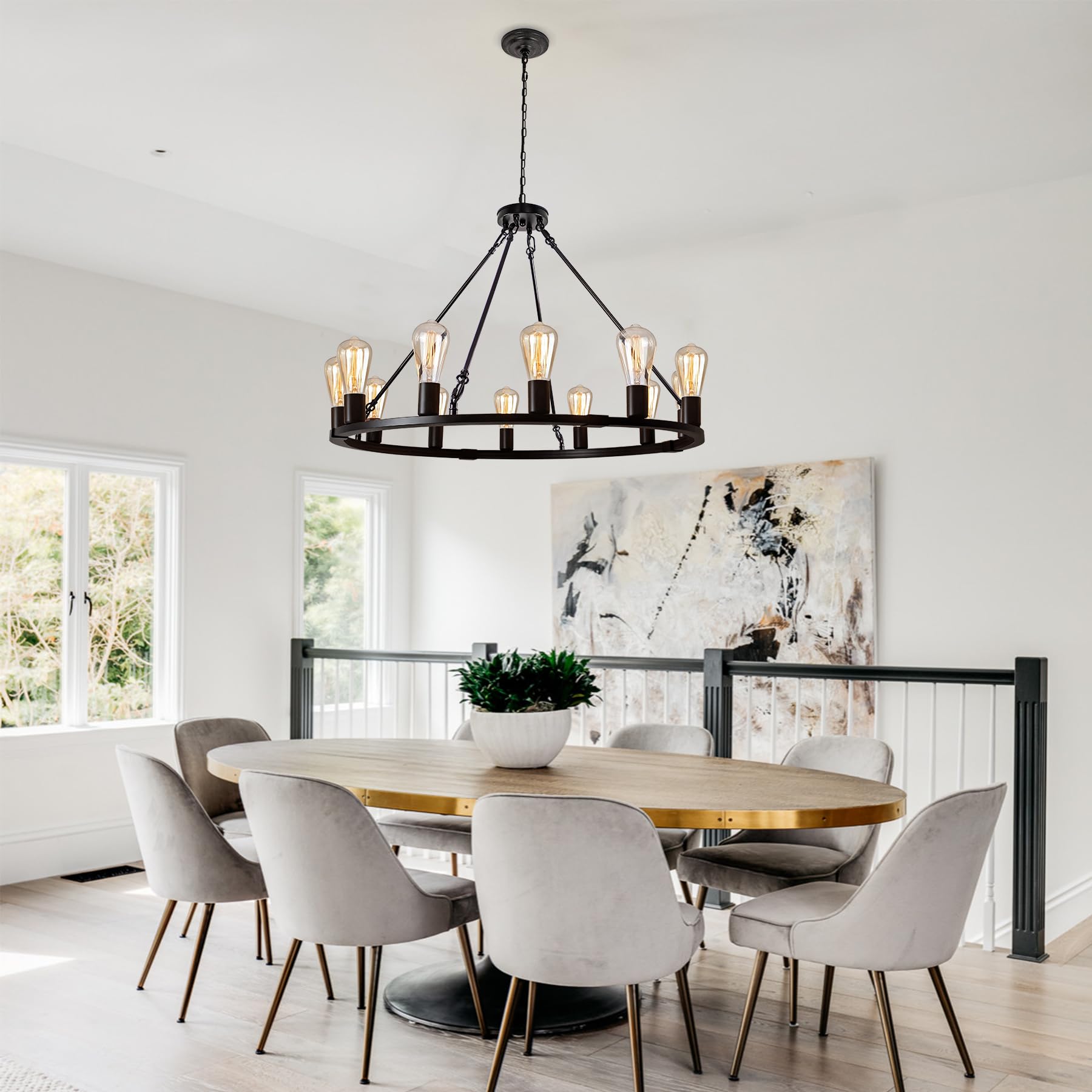 Rviezza 31.5" 12 Lights Wagon Wheel Chandelier, Black Round Rustic Industrial Vintage Farmhouse Chandeliers For Dining Room Foyer Living Room Kitchen Island