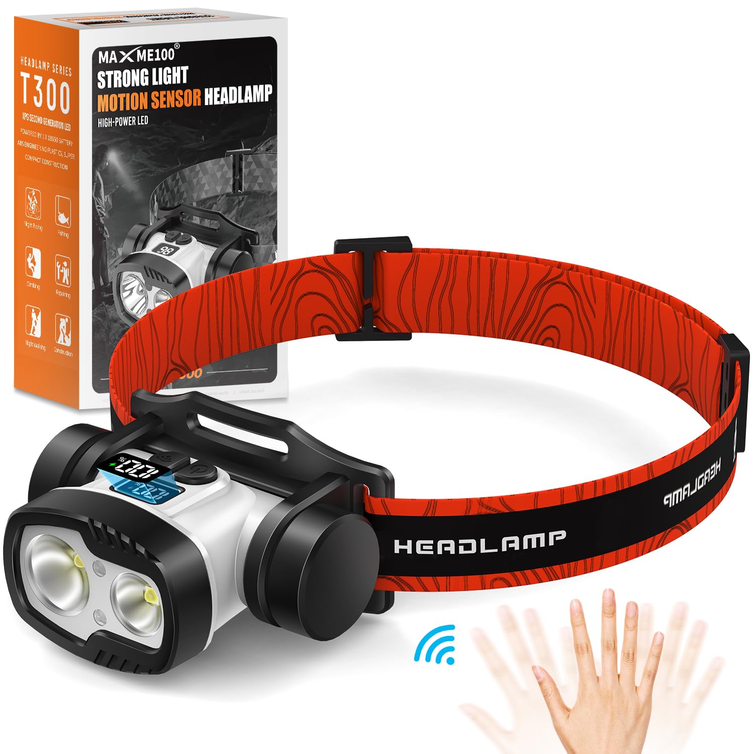 MAXME100 Dual Head Headlamp - Rechargeable, IP68, Digital Battery Display, MAX300-1, Black