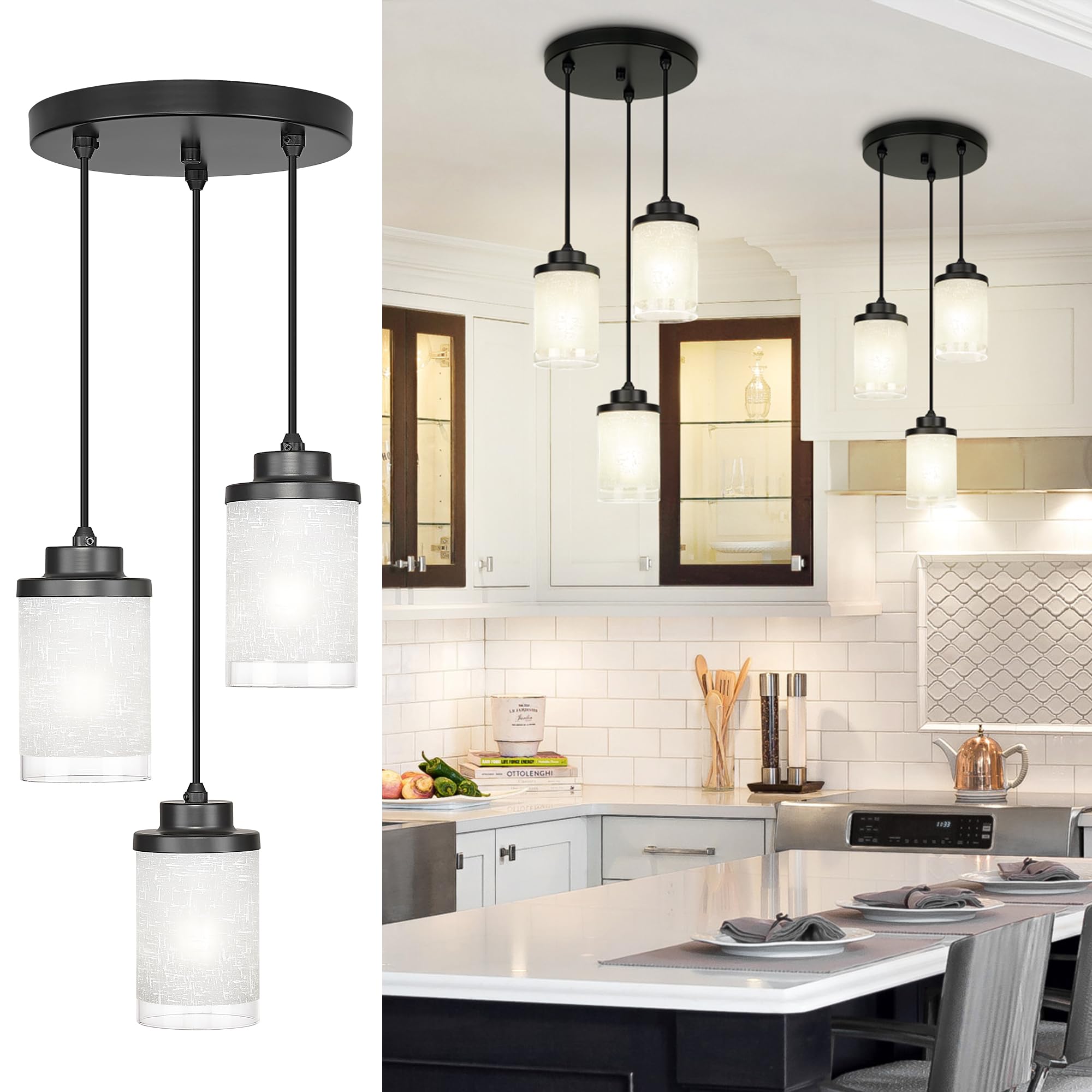 TENGXIN 3-Lights Modern Pendant Light with Glass Shade Matte Black Pendant Lighting Adjustable Industrial Retro Style Hanging Li