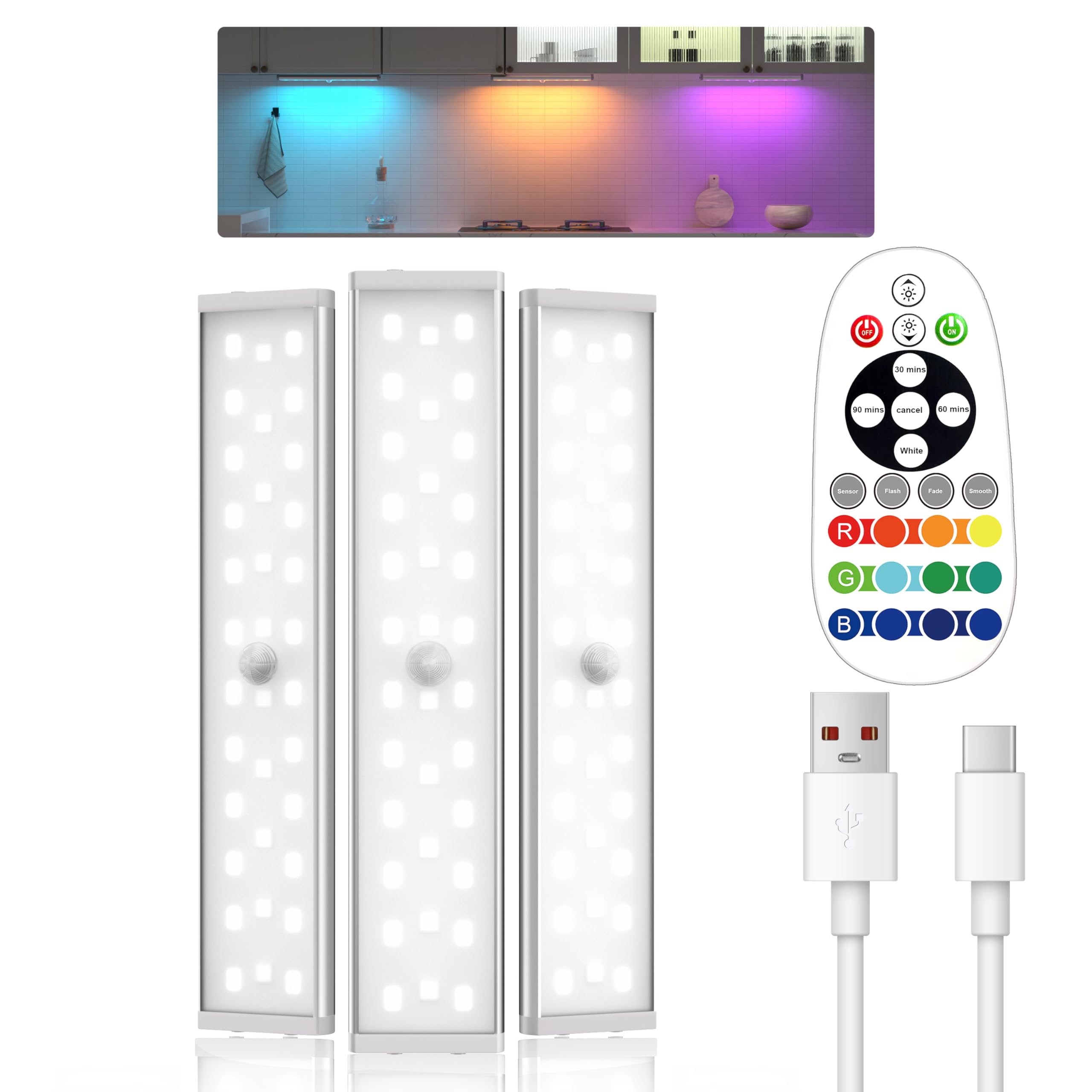 Under Cabinet Lights 58 Led Motion Sensor Light Indoor Rgb Rechargeable Under Cabinet Lighting With Remote 3Pack Stick-On Magnetic Wireless Closet Light Bar For Kitchen Shelf  Car  Hallway