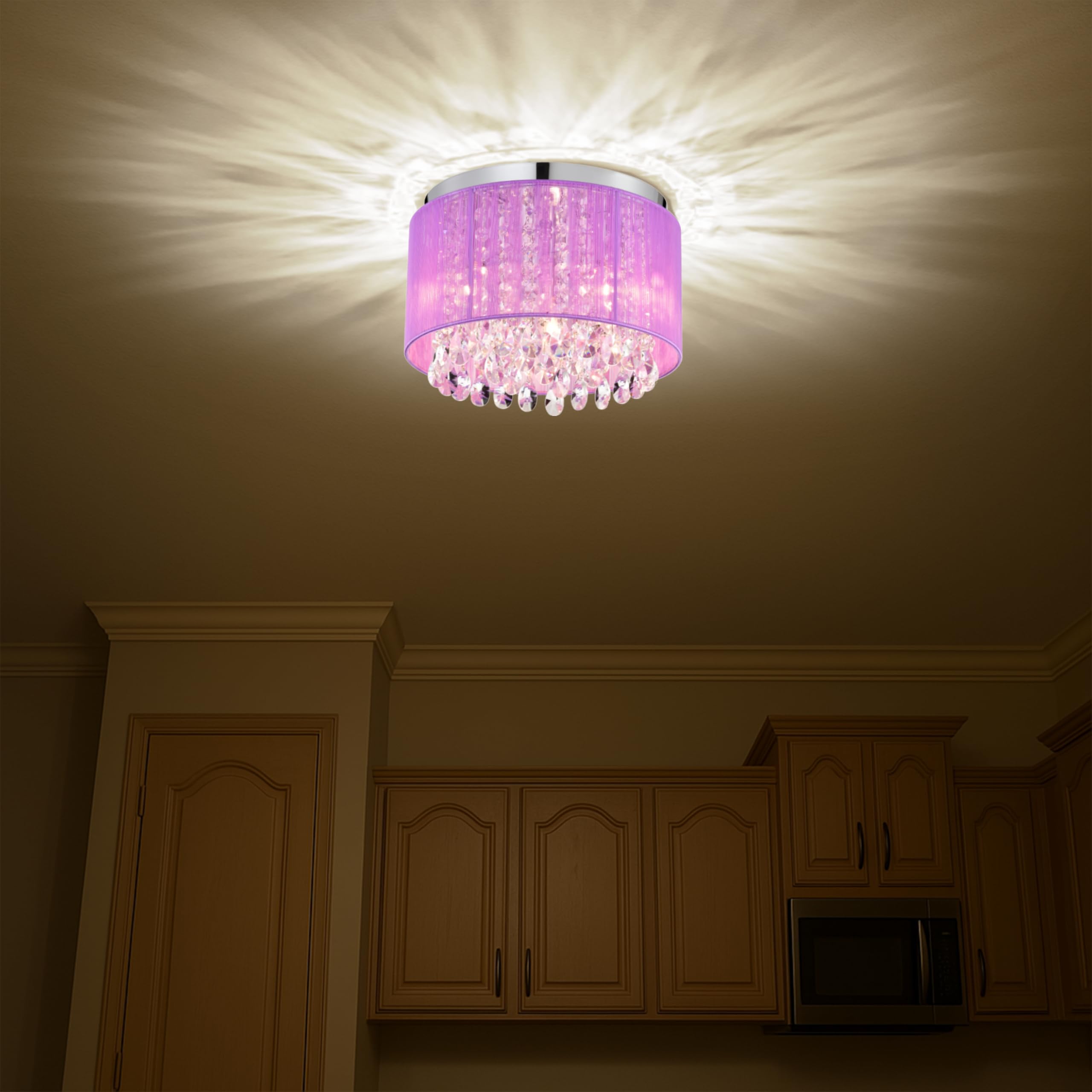 LaLuLa Crystal Chandelier, 4-Light Flush Mount, Metal, Purple, 18in Drum Shade