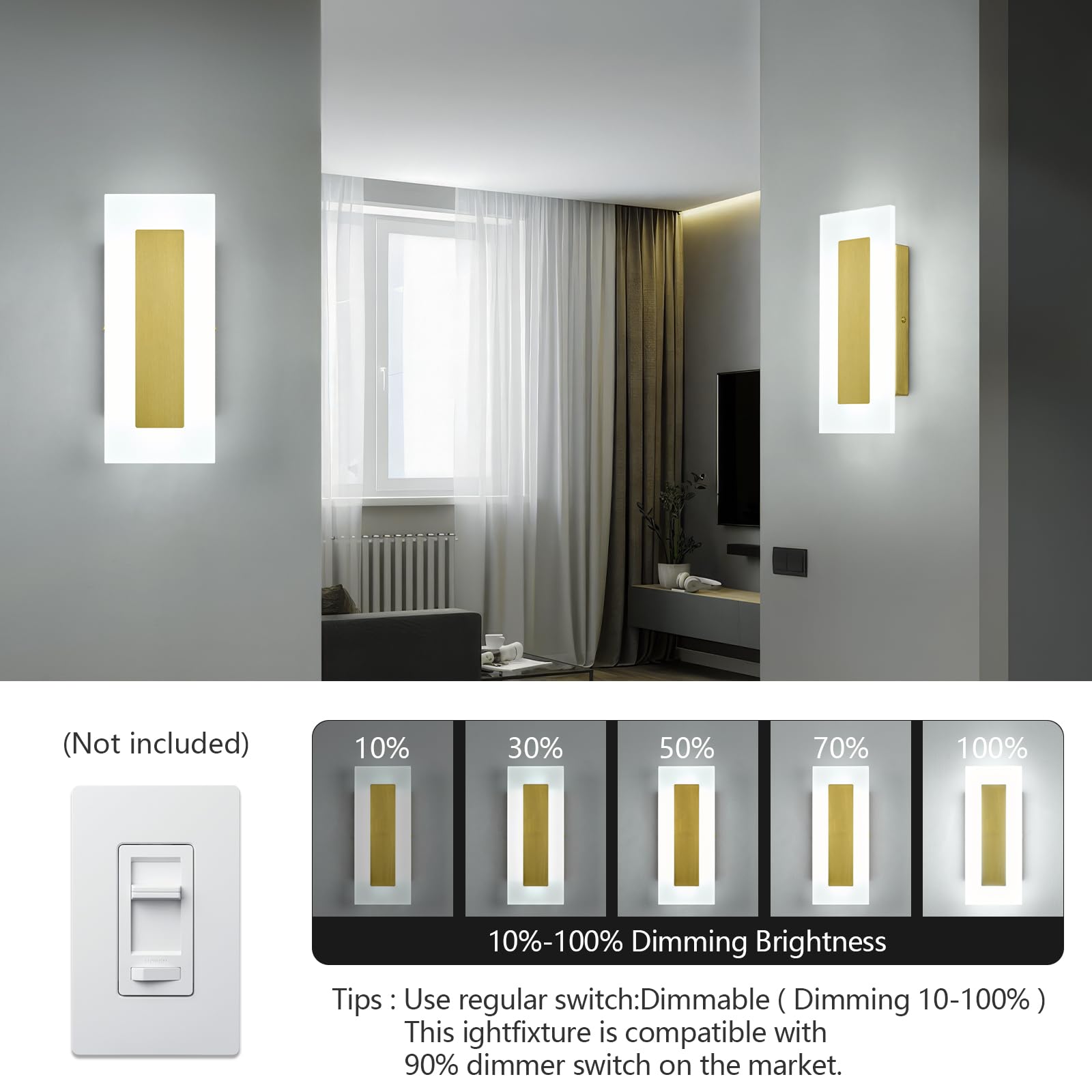 BNHHLZ Modern Acrylic Wall Sconces Set of Two Dimmable 9W 6000K Cool White Gold Lighting for Bedroom Living Room Staircase