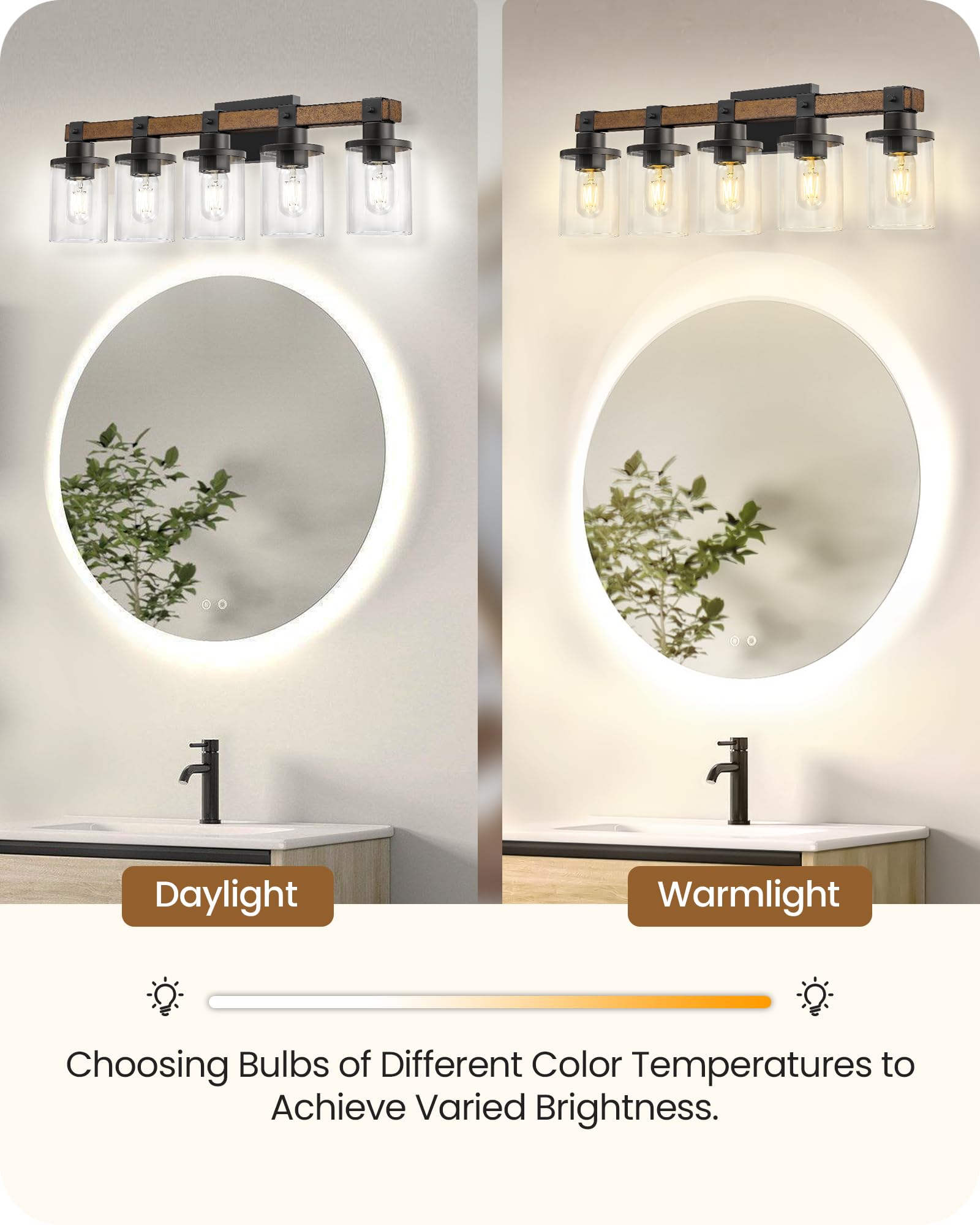 GOEBLESON 5-Light Bathroom Light Fixture, Rustic Brown Metal Vanity Lights, F10BD05 Model, Glass Shade Design