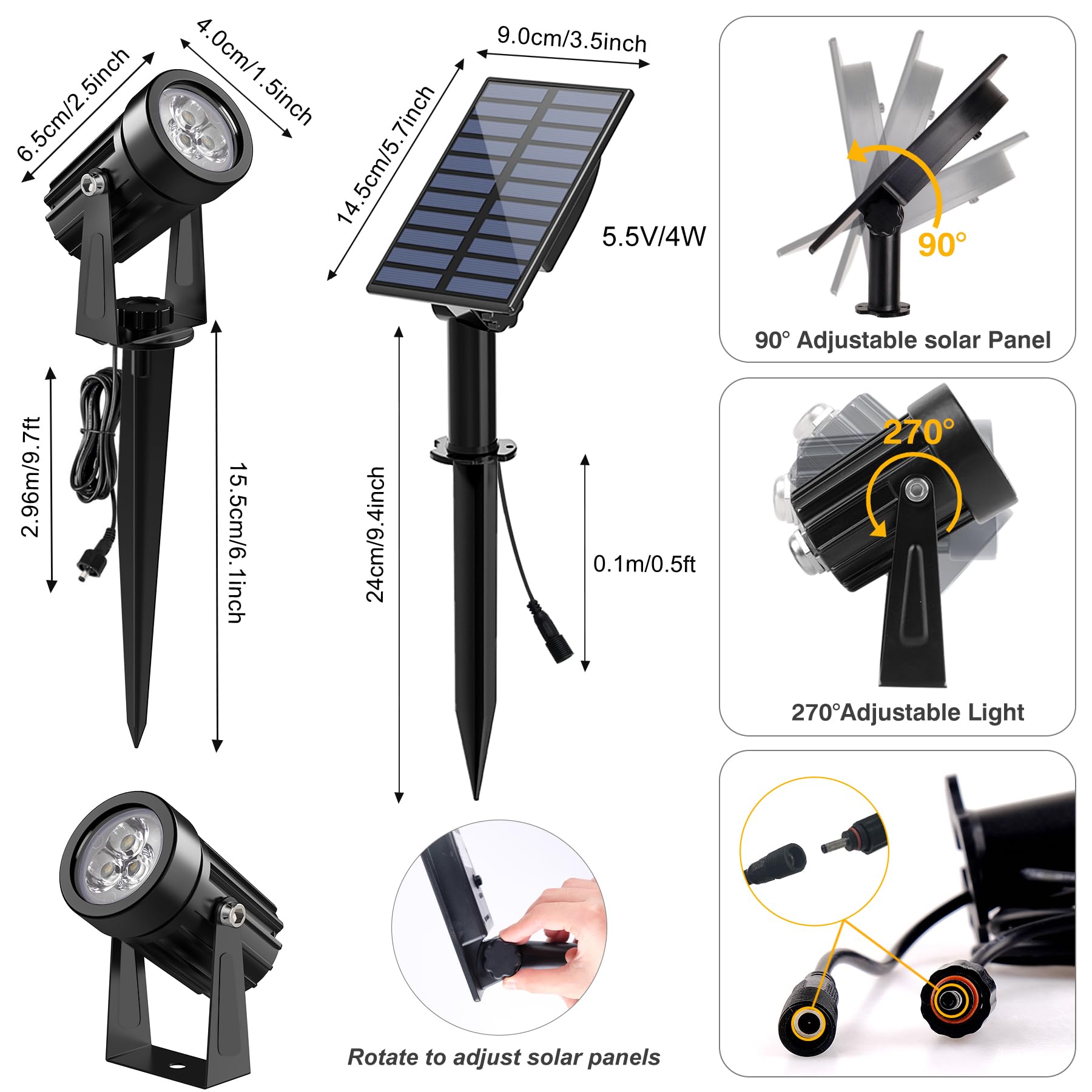 CREPOW Solar Landscape Spotlights, IP65 Waterproof, 3000K Warm White, 1-in-1 (4 Pack), 9.8ft Cable, Model TS-S4201