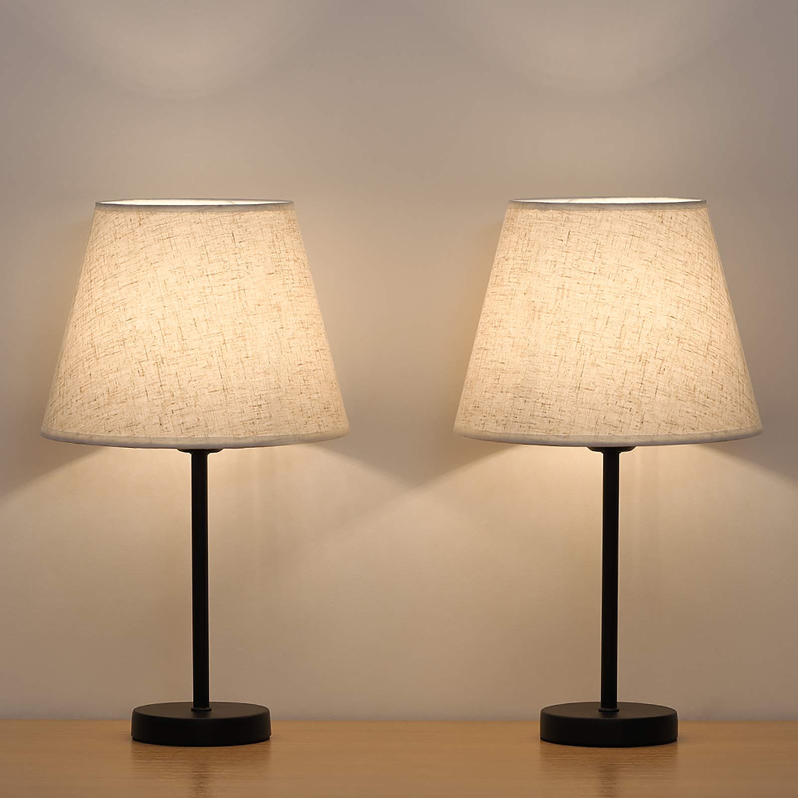 HAITRAL Bedside Table Lamps Set of 2 - Fabric Shade, 15 Inches, Black, Model HT-TH28-27X2, Ideal for Bedroom, Living Room, Office