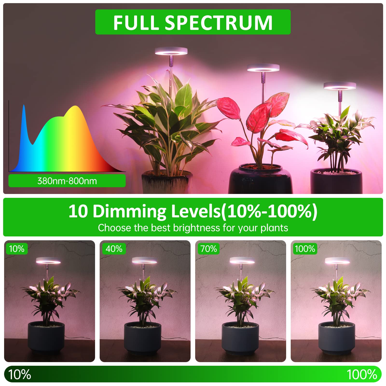 Grow Lights for Indoor Plants, Romsto LED Full Spectrum Plant Light Height Adjustable with 10 Dimmable Brightness, 8/12/16H On/O