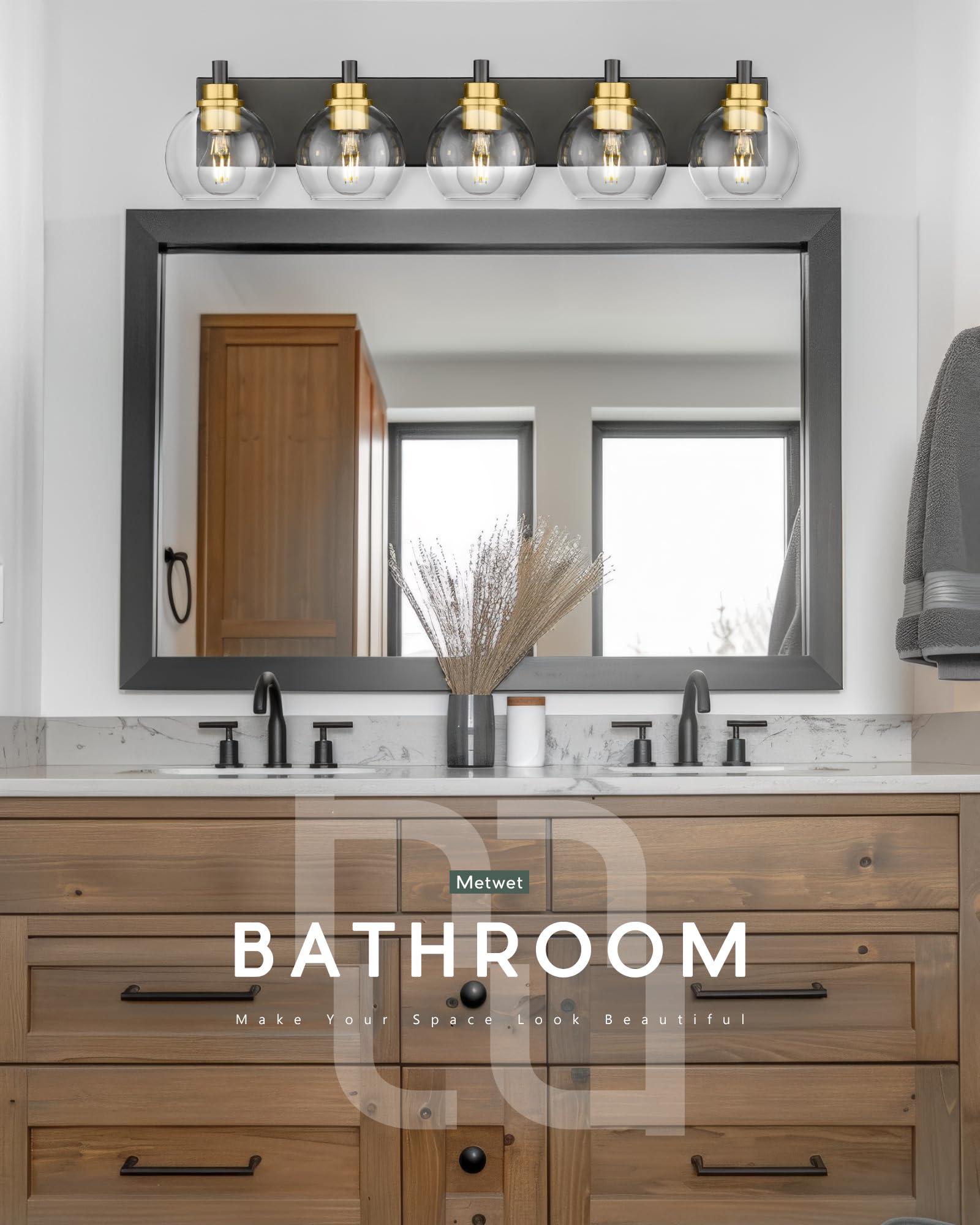 Metwet Bathroom Light Fixtures, 5-Light Black And Gold Bathroom Vanity Light, 32 Inch Modern Wall Sconces With Globe Clear Glass