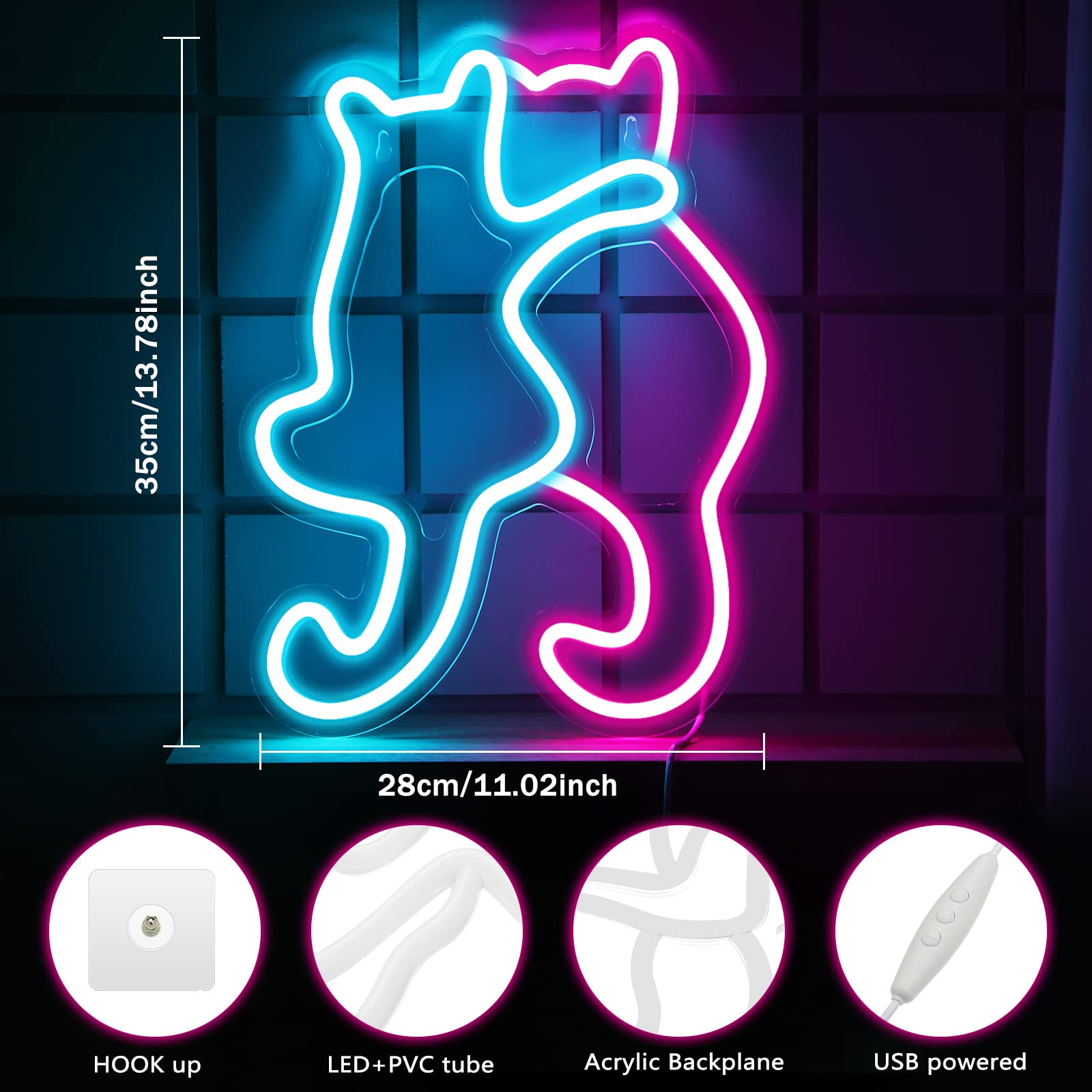 Kathfly Cat Neon Sign Light - USB Operated LED Decor for Home, Party, Wedding - Pink & Blue Acrylic - Cute Cat Design