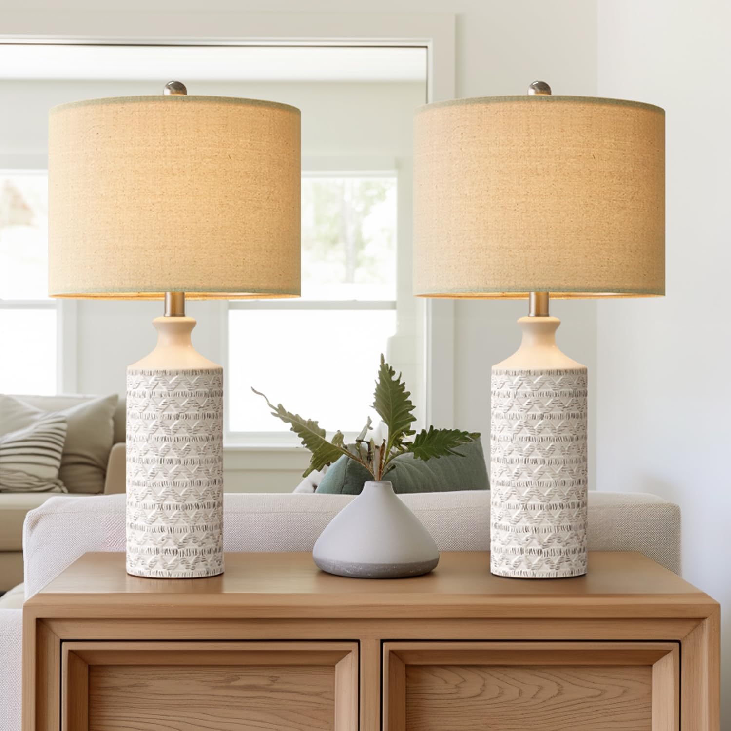 PoKat Ceramic Table Lamps Set of 2, 24in Medium Size, White, Modern Design for Living Room and Nightstands, Model AMZ-T1029AW