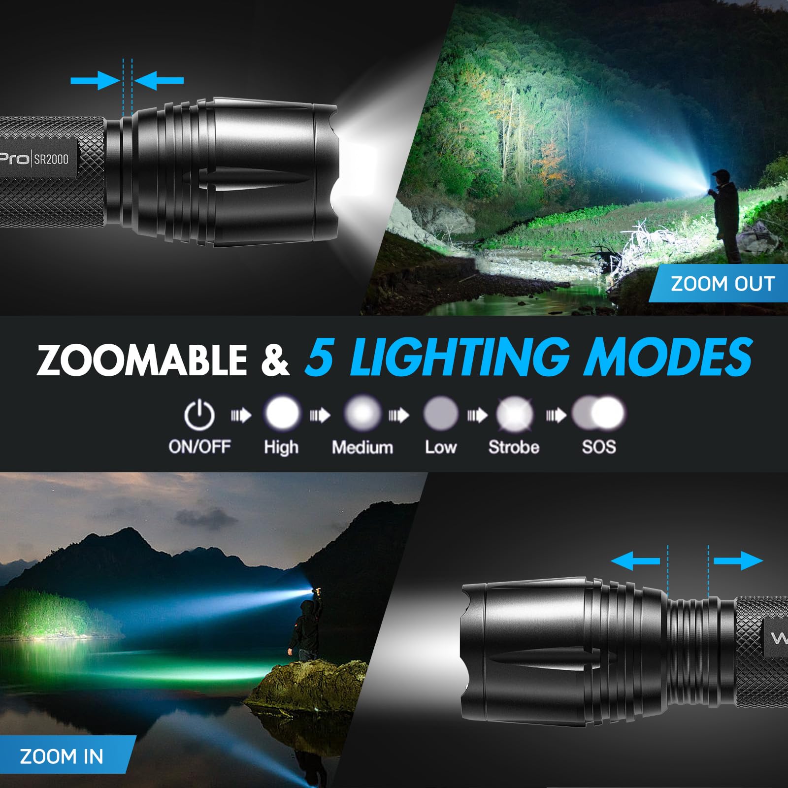 WdtPro SR2000 LED Flashlight, 2 Pack, High Lumens, Zoomable, Aluminum, Black, Tactical Light for Emergency, Camping, Hiking