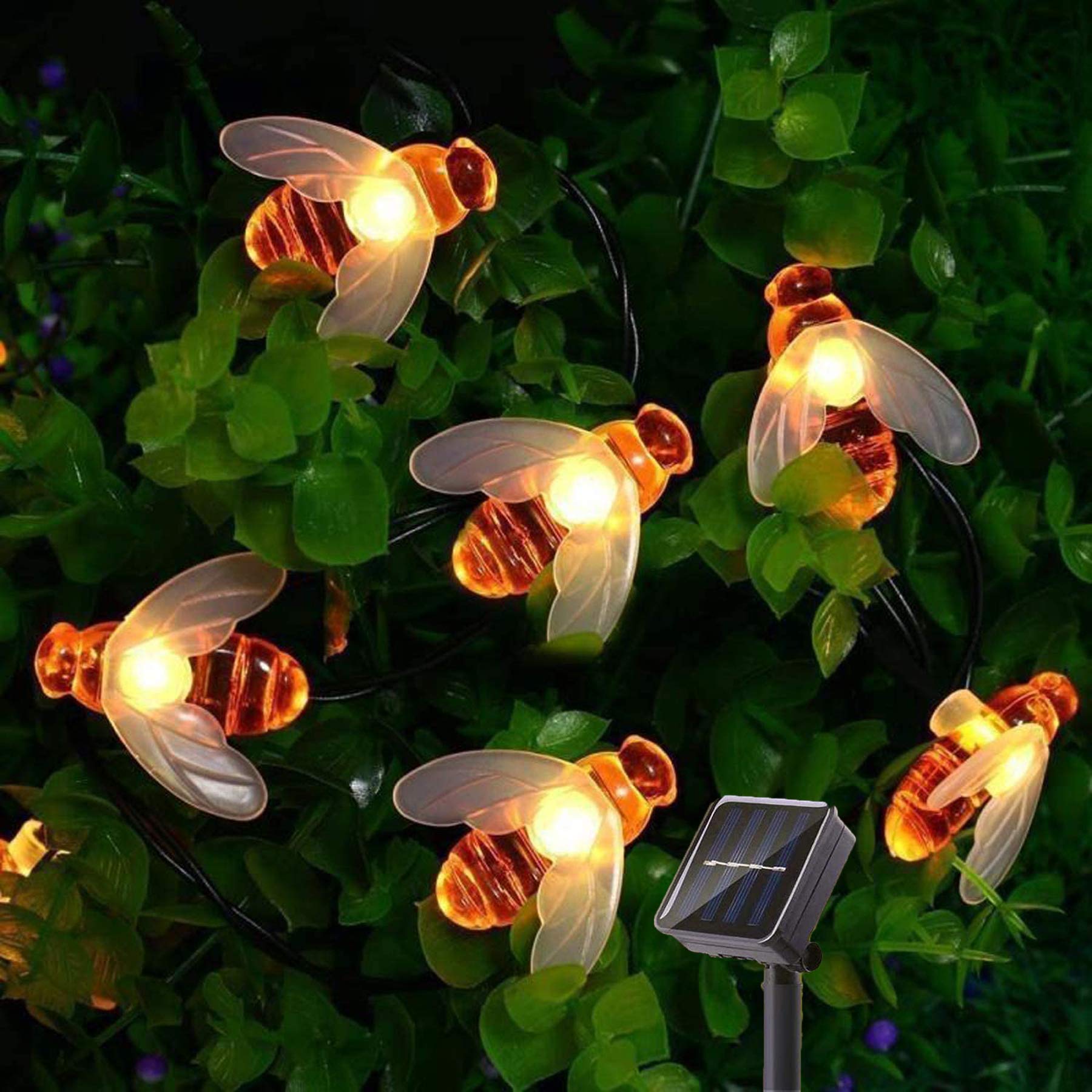 SNOMYRS Solar String Lights 21 Ft 30 LED Bumble Bee Lights with 8 Modes Warm White for Garden Patio Decor