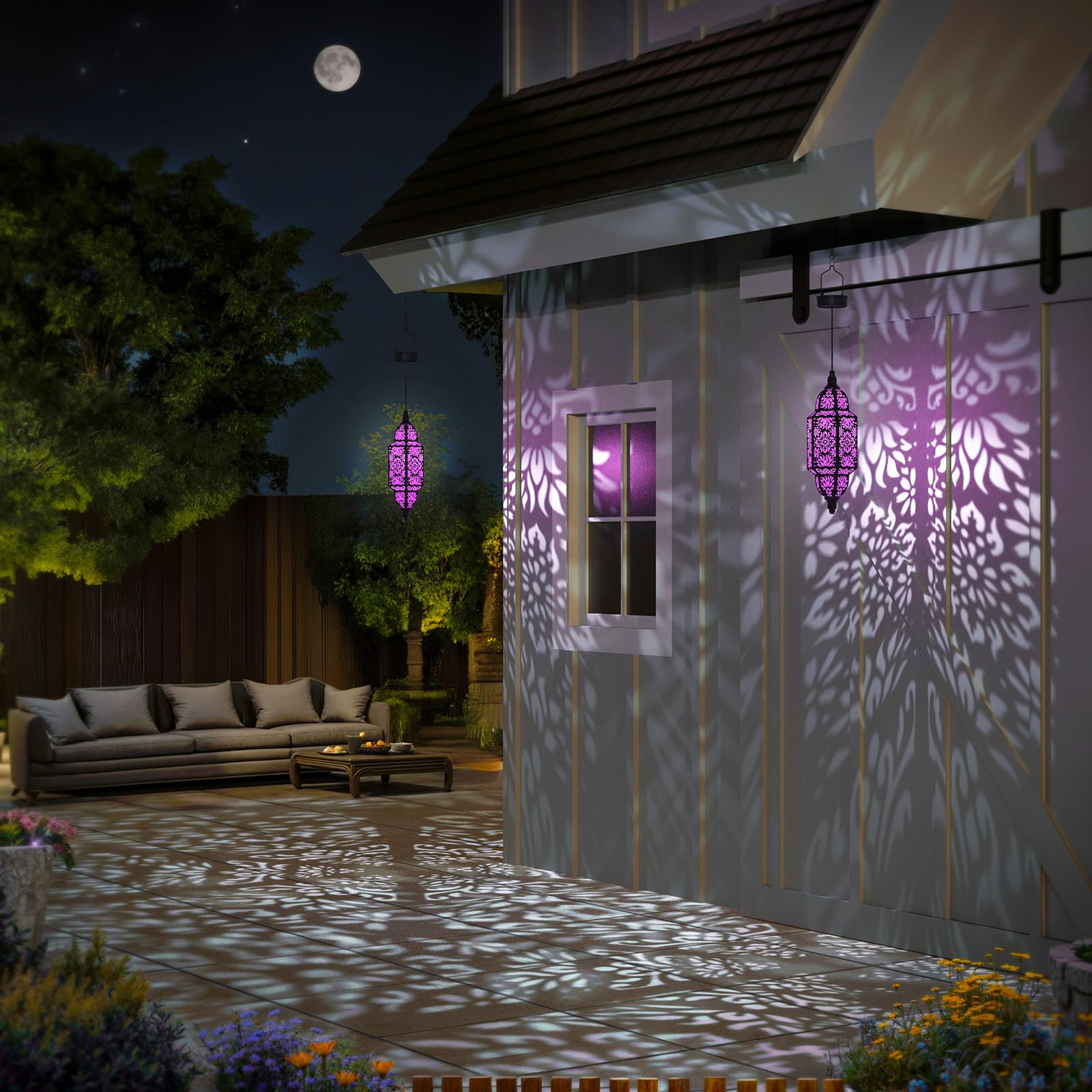 Twinkya Outdoor Solar Lanterns, Waterproof Metal Decorative Lights, 2 Pack, Purple, Moroccan Style for Garden, Patio, Yard
