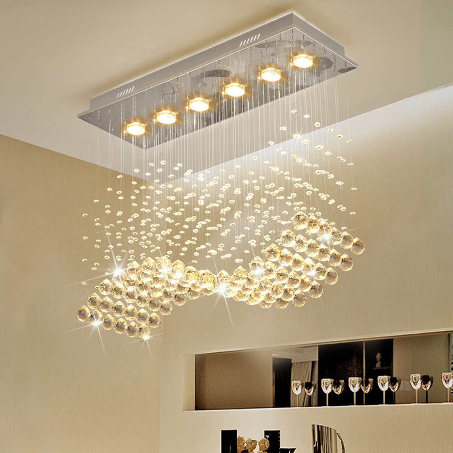 Modern Wave Chandelier, Rectangular Crystal Raindrop Chandelier Flush Mount Pendant Lighting Chrome Ceiling Light Fixture for Di