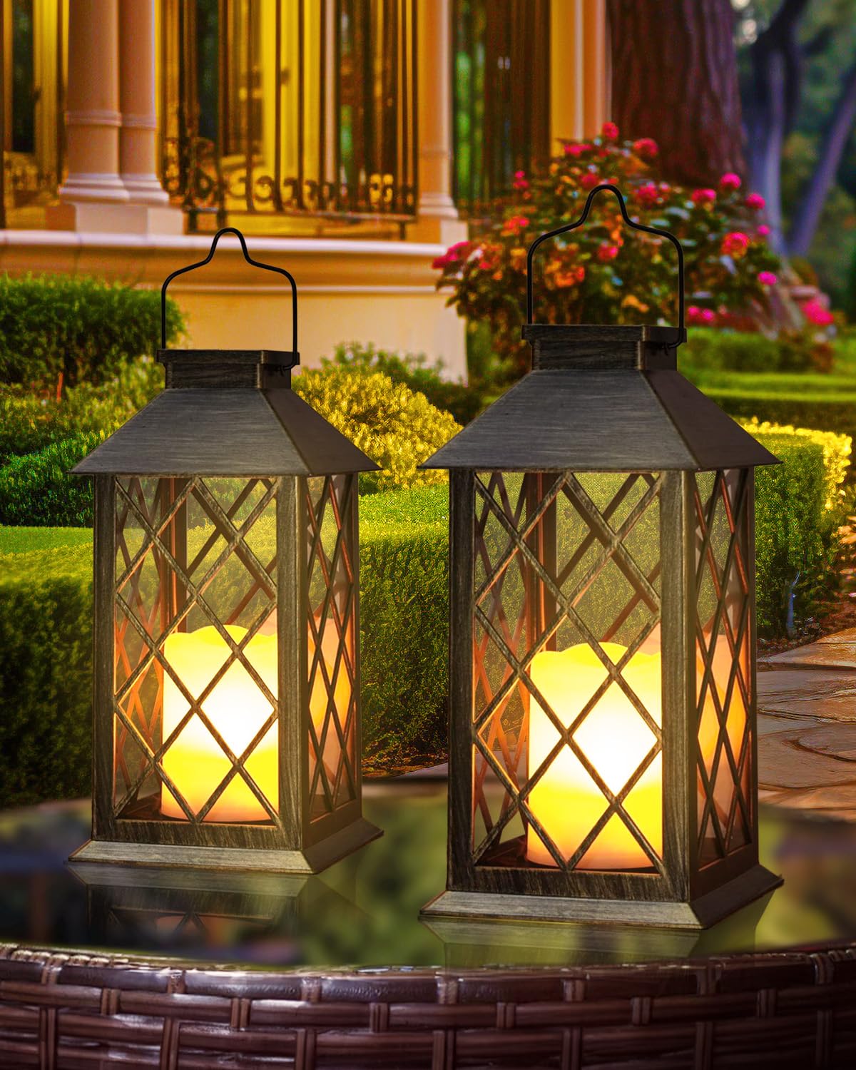 Otdair Solar Lanterns Outdoor Waterproof 14in Glass Retro LED Candle 2 Pack Metal Color Model DWDL-2