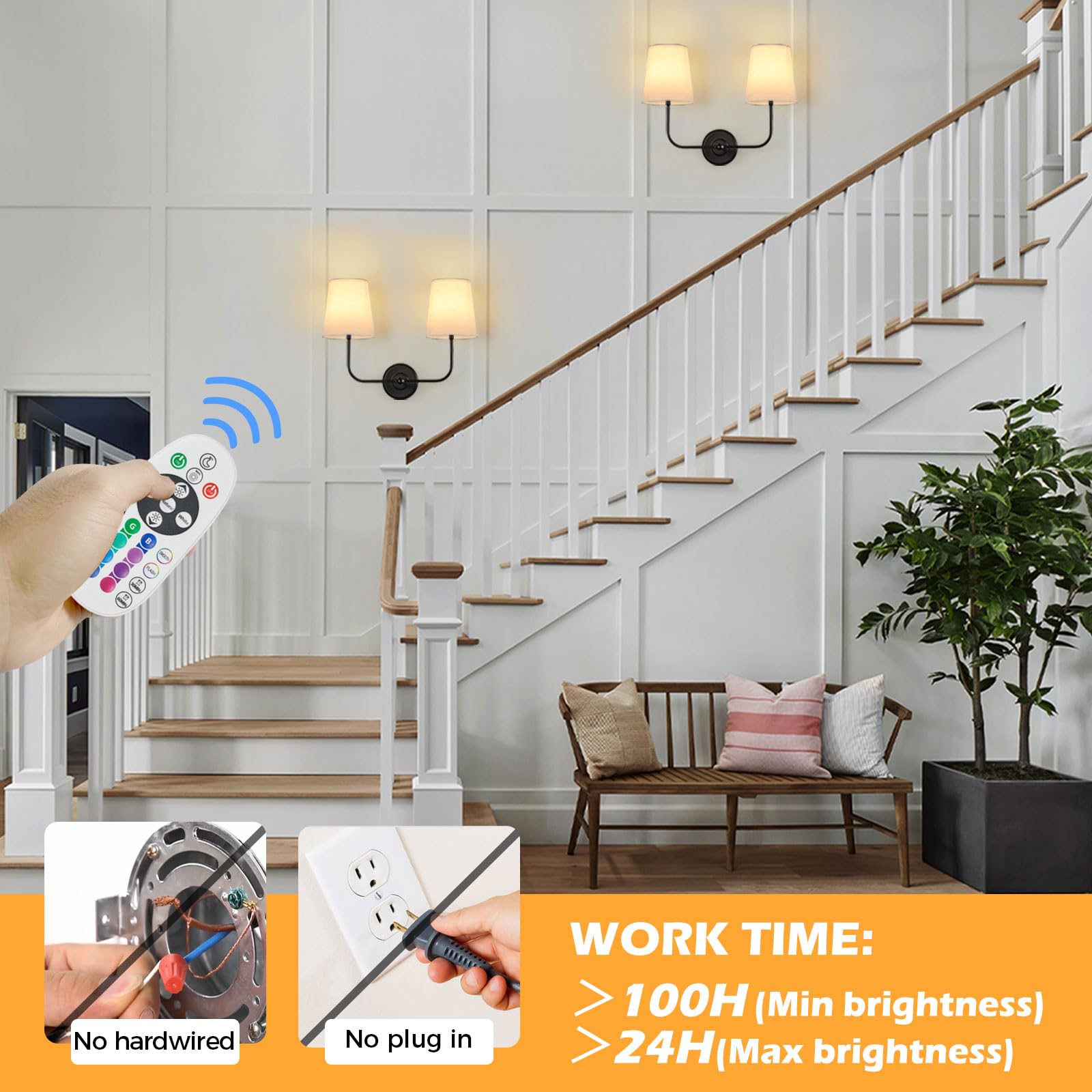 PASSICA DECOR Double-Headed Wall Sconce, Rechargeable, Remote Controlled, Dimmable, Metal, Battery Operated-Black, Model U701-01-DP