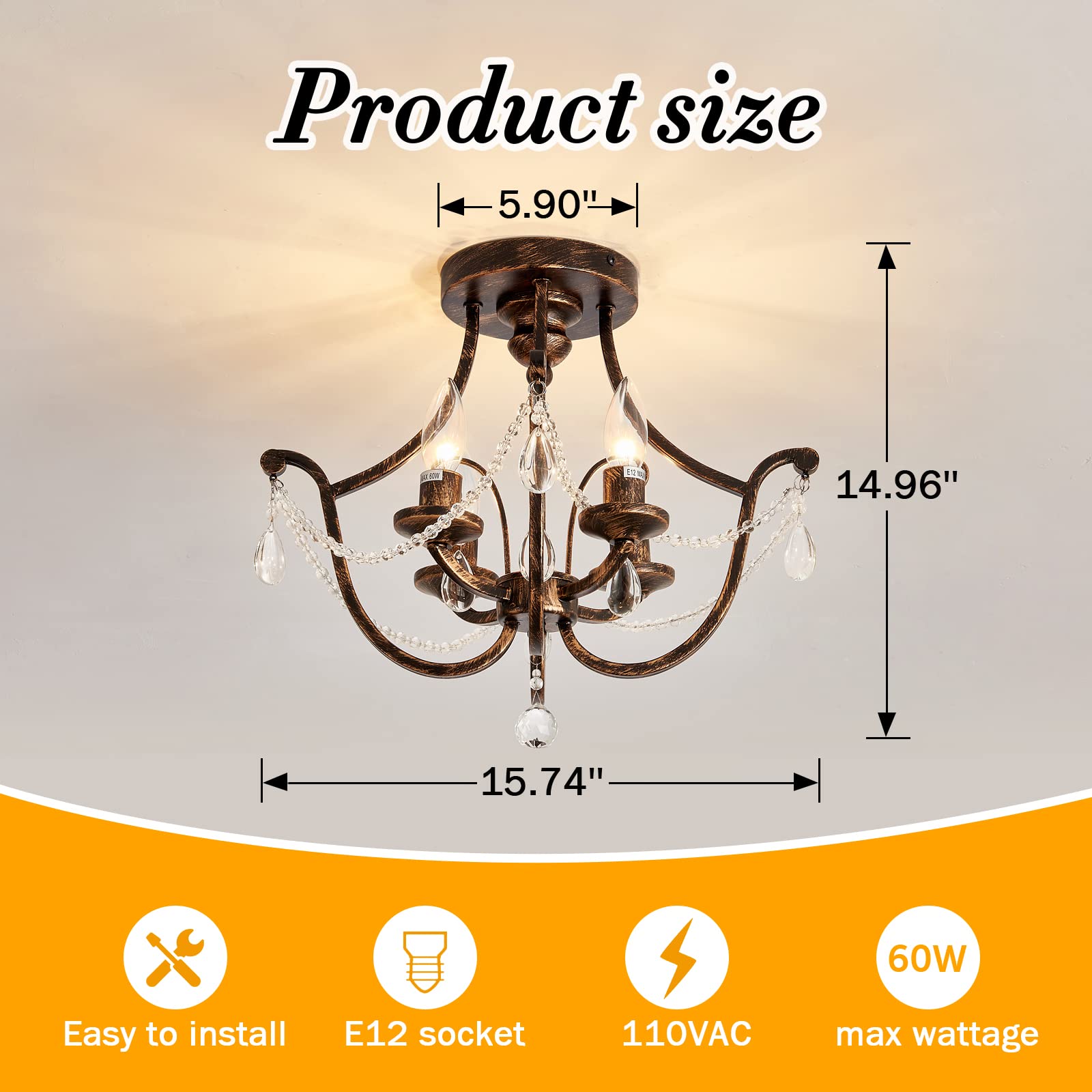 Uofus Vintage Semi Flush Mount Crystal Chandelier Oil Rubbed Bronze 4-Light Small Metal Ceiling Light Fixture Farmhouse Ceiling