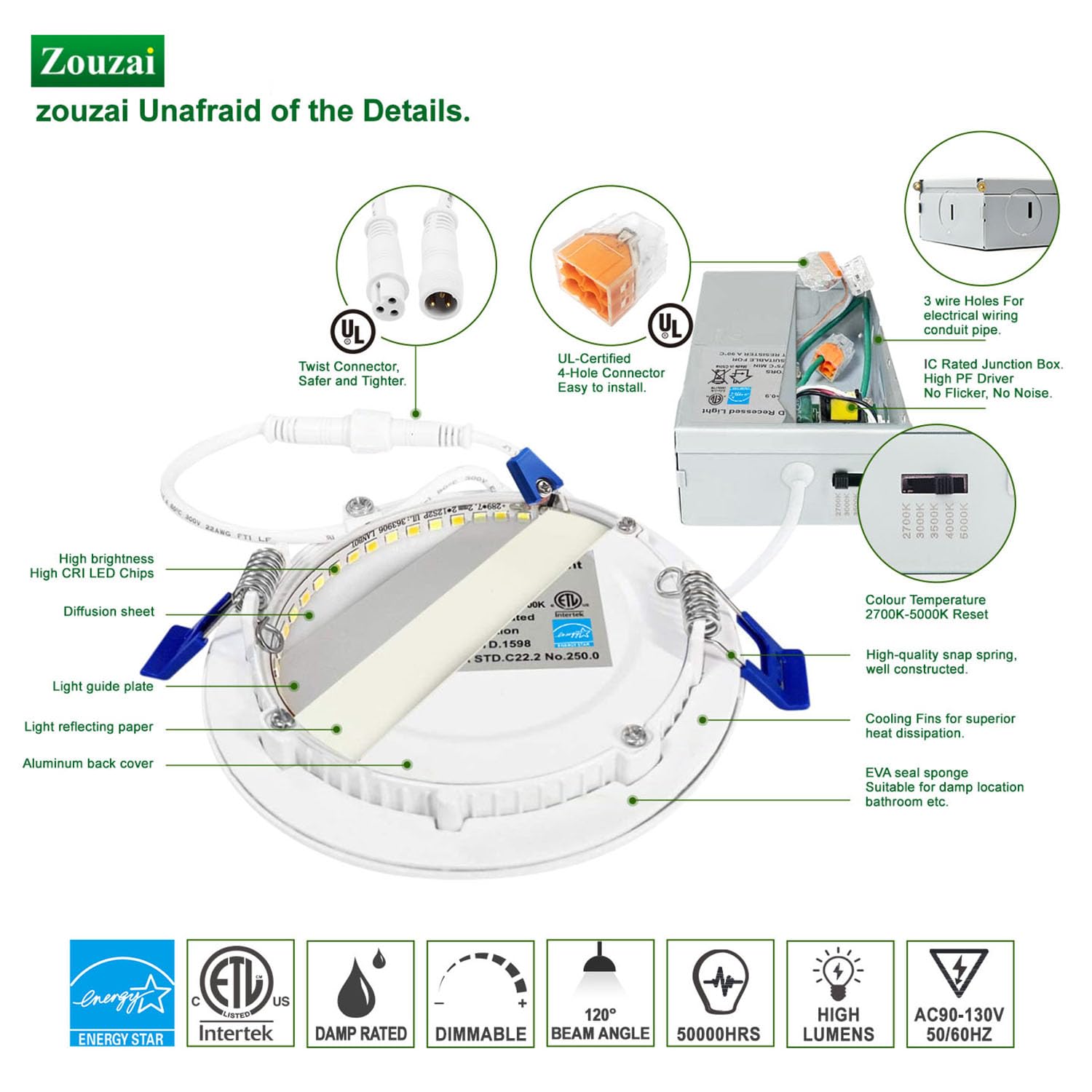 zouzai 4 Inch 9W Ultra-Thin LED Recessed Ceiling Light, Dimmable, 5CCT, Aluminum, Energy Star, ETL Certified - 6 Pack