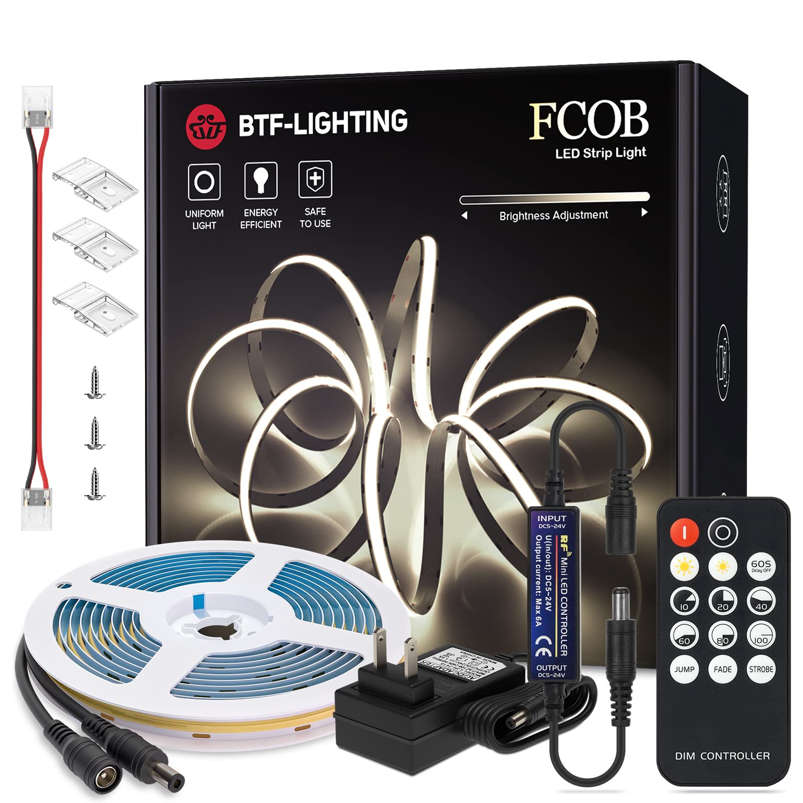 BTF-LIGHTING LED Rope Light Kit 24V 16.4FT Natural White 4000K Dimmable with Remote Controller Model FOB5M24VRF14NW24V3
