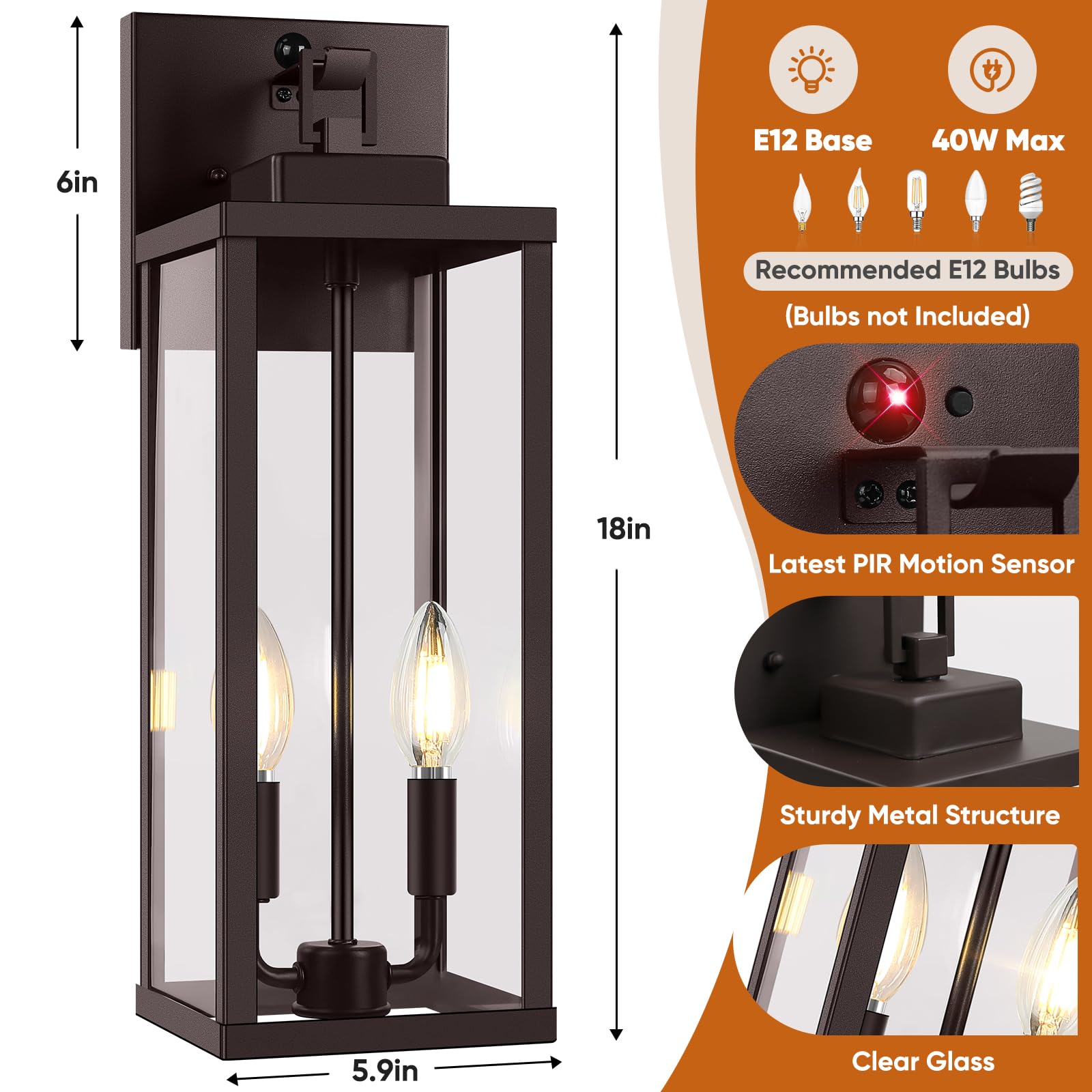 Beslowe 18  Upgraded Motion Sensor Outdoor Wall Lights  Dusk To Dawn Porch Lights Outdoor Wall Sconces  3 Lighting Modes Exterior Lighting Fixtures With Hooks  Brown Outside Lights For House  2-Pack