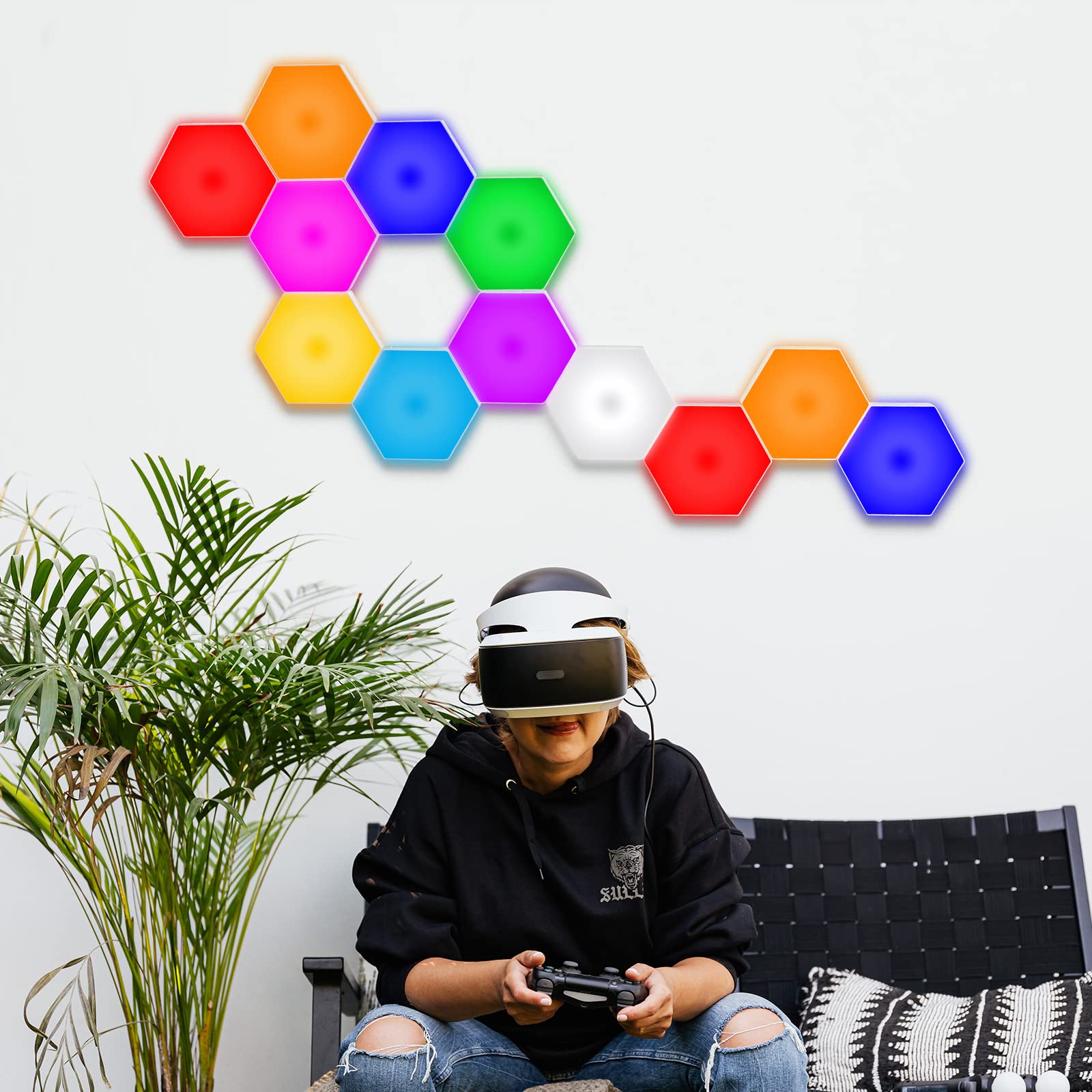 Vcwtty Smart LED Hexagon Wall Lights, 13 Colors, Touch-Sensitive, USB-Powered, 12 Pack, Acrylonitrile Butadiene Styrene, Multiple Colors