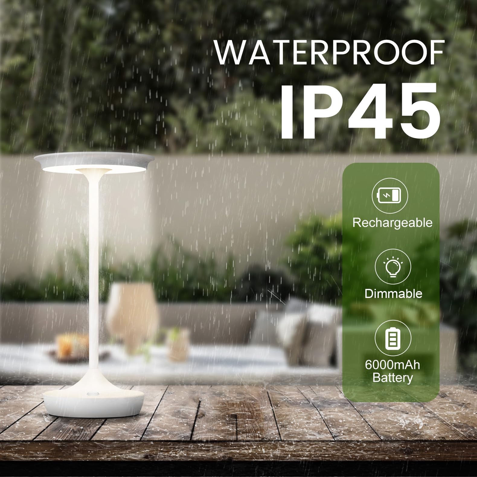 Tpczqj LED Cordless Table Lamp - Rechargeable, 3 Color Touch Dimming, Waterproof, White, Model HT-S825