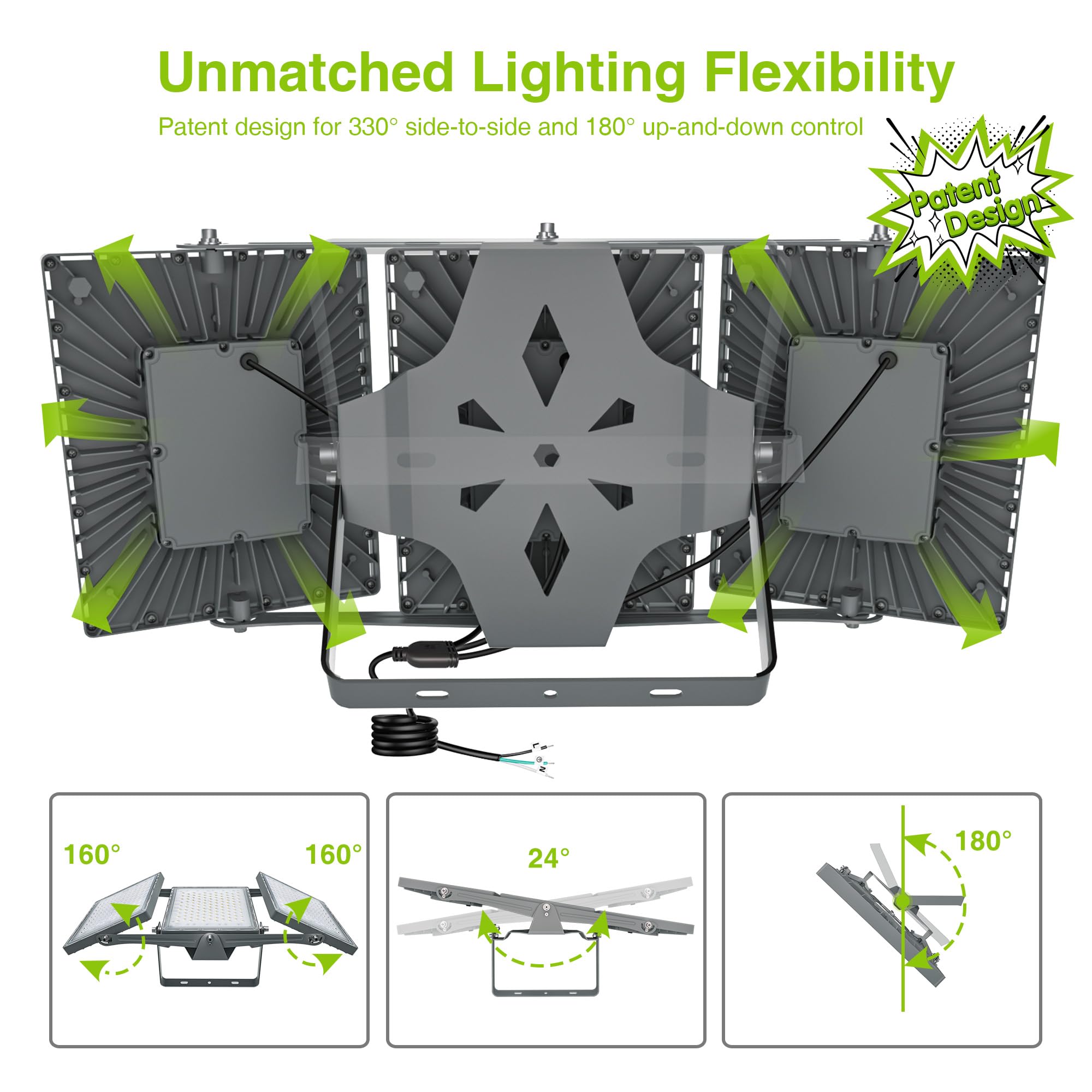 STASUN LED Flood Light 900W 90000lm 6000K IP66 Waterproof, 3 Heads for Outdoor Security, Model FT5GR, 1 Pack