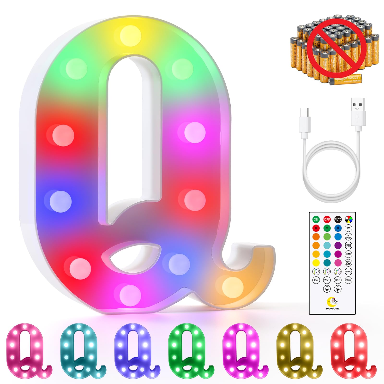 Mooncow Rechargeable Light Up Letters,Colorful Marquee Letters With Remote,Gift Wrap Gifts,Bedroom Home Bar Party Decor (Q)