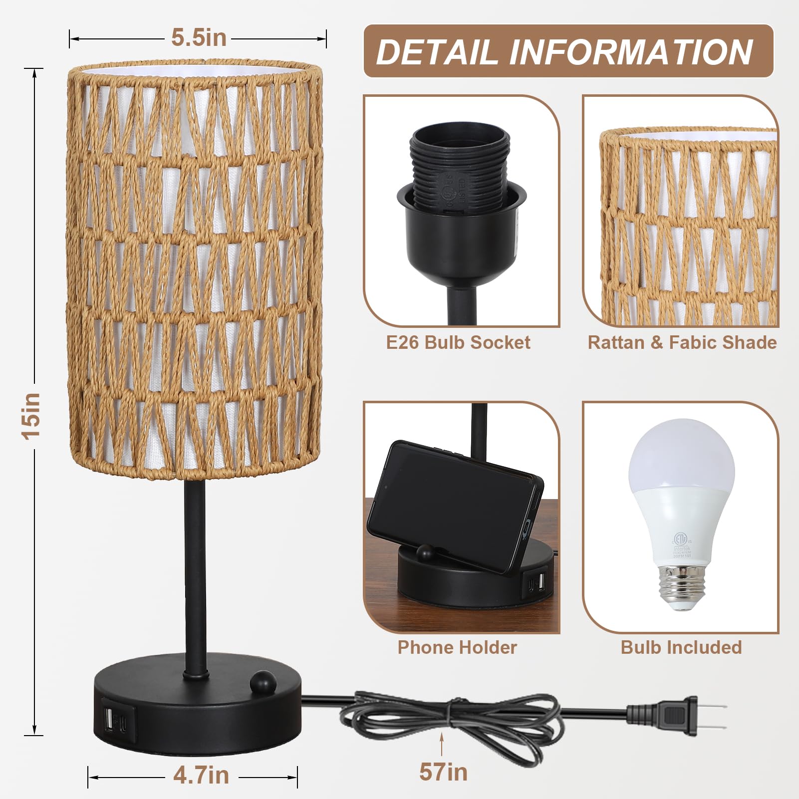 Touch Table Lamp Set Of 2 For Bedroom With Bulb, Boho Small Desk Lamp For Living Room With Rattan & Linen Shade, 3 Way Dimmable