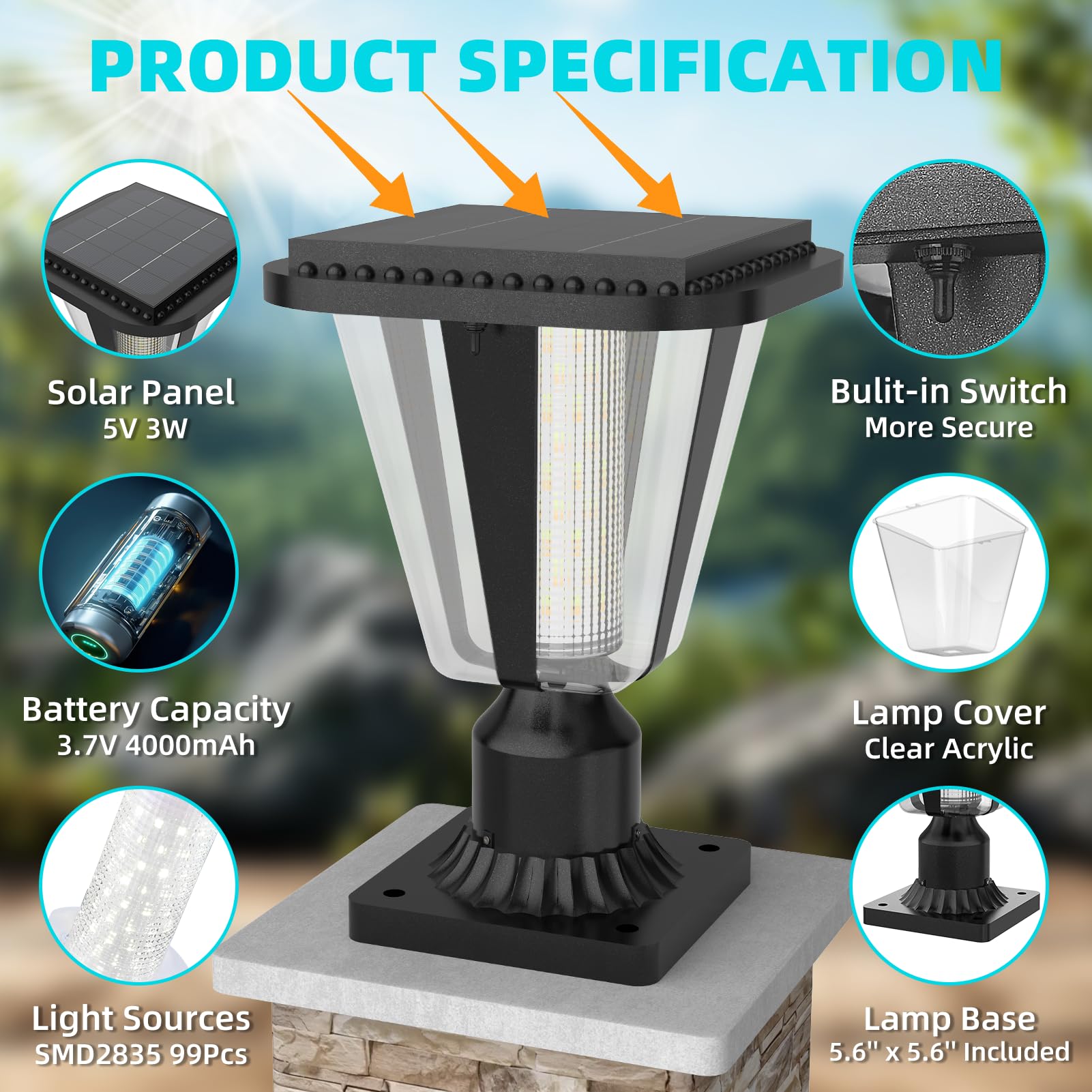 Lovus Solar Post Lights - 6000K Cold White LED, IP65 Waterproof, Dusk to Dawn, 400LM, 1 Pack, Perfect for Garden and Yard