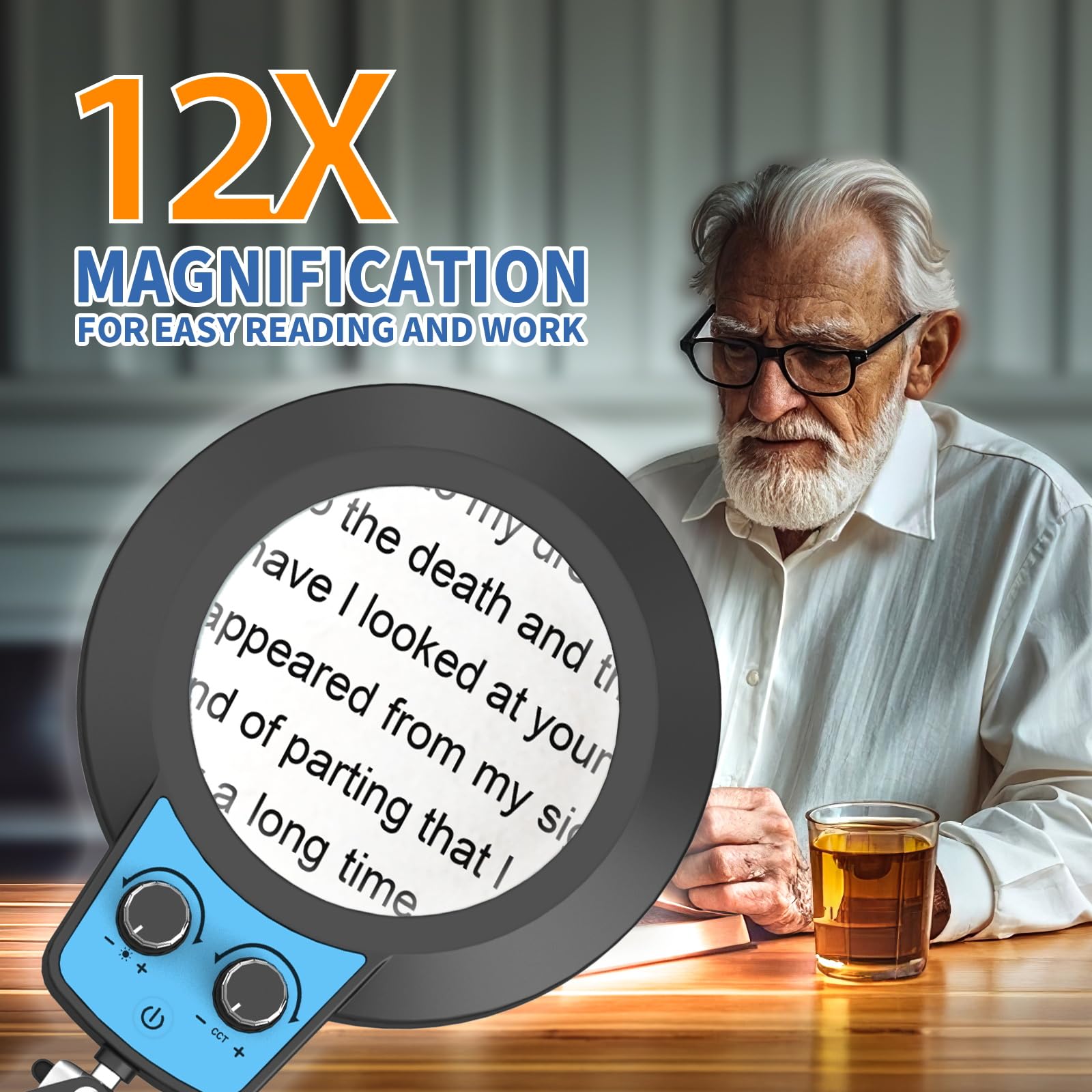 HITTI 12X Magnifying Glass with Light, 2-in-1 LED Lighted Stand, Aluminum, Overhead Switch, Blue
